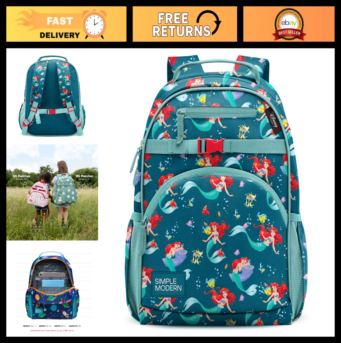 Disney Little Mermaid Kids Backpack for School, 12L Bookbag for Girls, Cute & Fu0