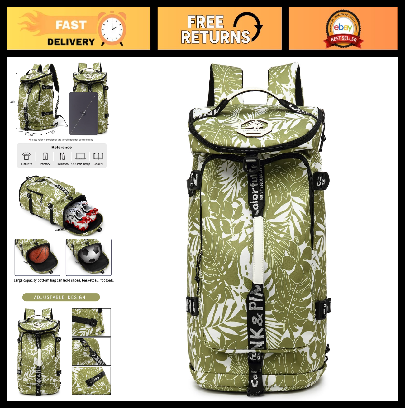 Waterproof Gym Duffel Backpack with Shoe Compartment, 4 Carry Methods, Sports &0