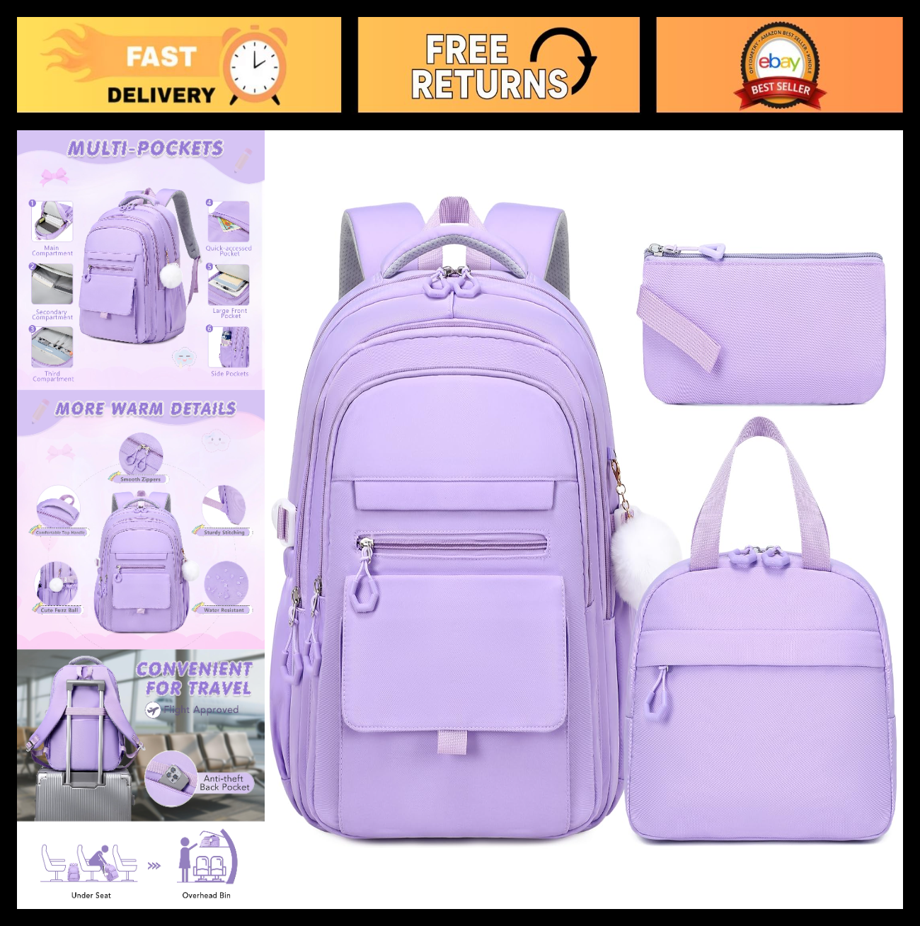 Stylish Girls Backpack Set with Lunch Box & Pencil Case   Perfect for School!0