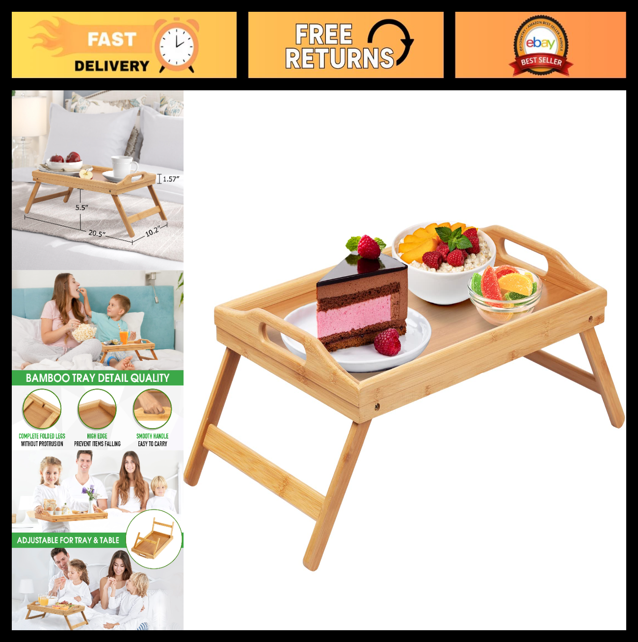 Folding Bed Tray Table with Handles - Bamboo Snack & Breakfast Lap Desk for Sofa0