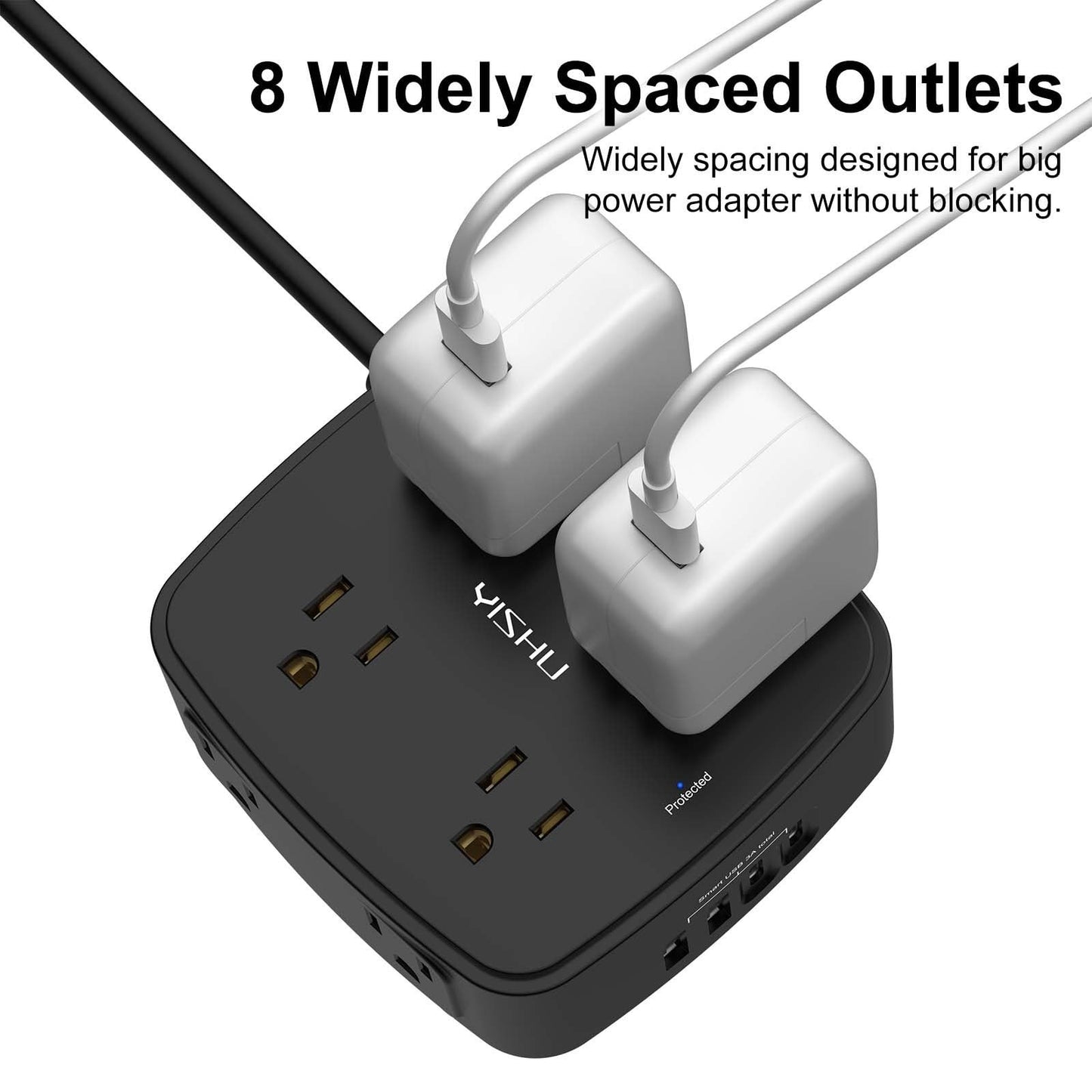 8 Outlet Surge Protector Power Strip with 4 USB Ports, 5ft Extension Cord, Flat3