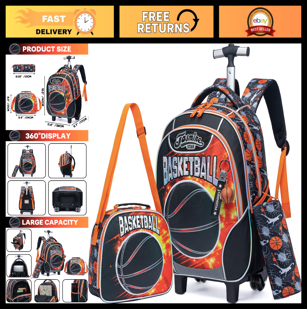 Kids Rolling Backpack with Wheels & Lunch Box   3 in 1 Travel Luggage for Boys 80