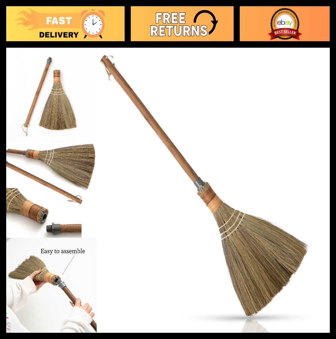 Natural Straw Whisk Broom with Brown Handle - Soft Indoor/Outdoor Cleaning Tool,0