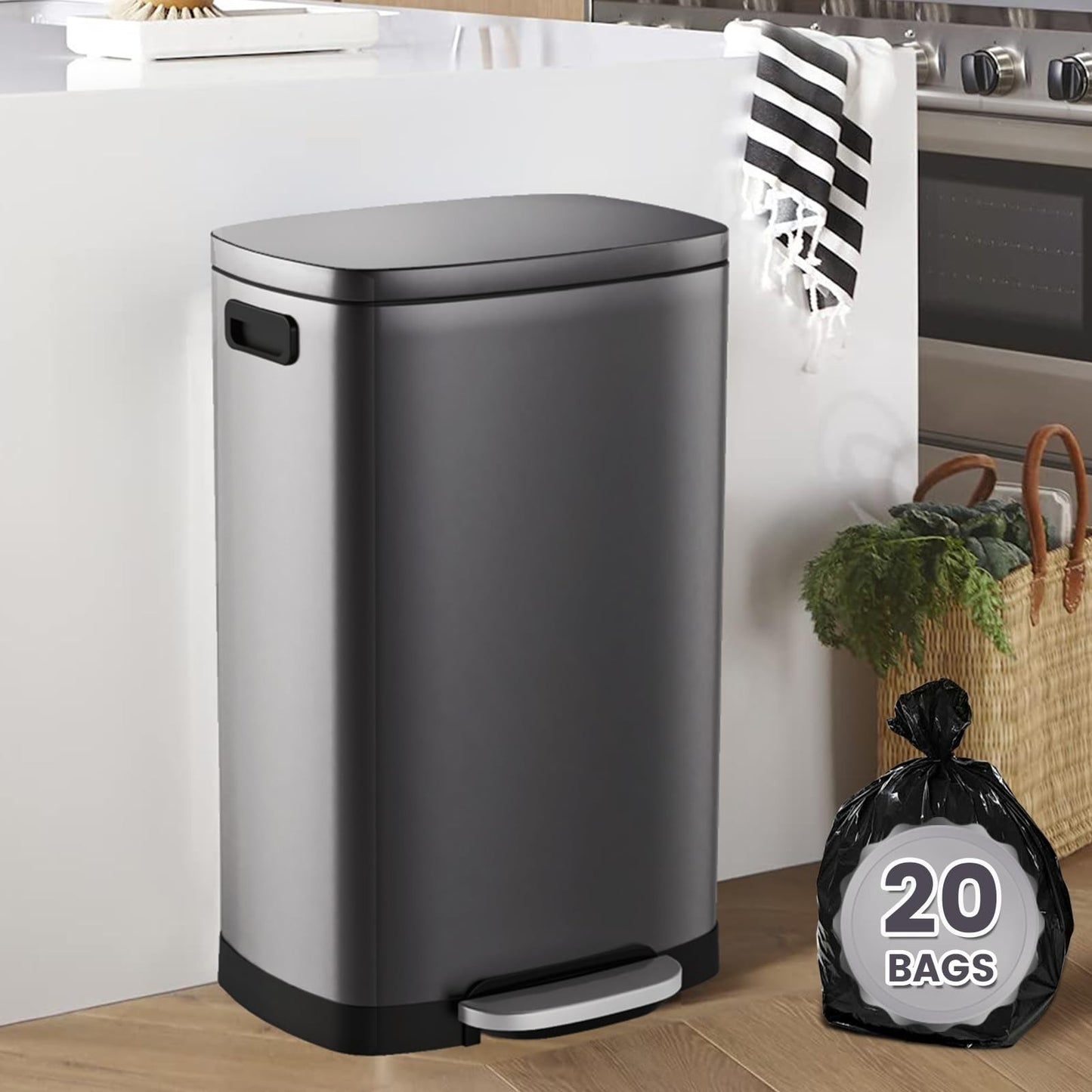 Stainless Steel 13 Gal Kitchen Trash Can with Soft Close Lid & Pedal | Fingerpri2