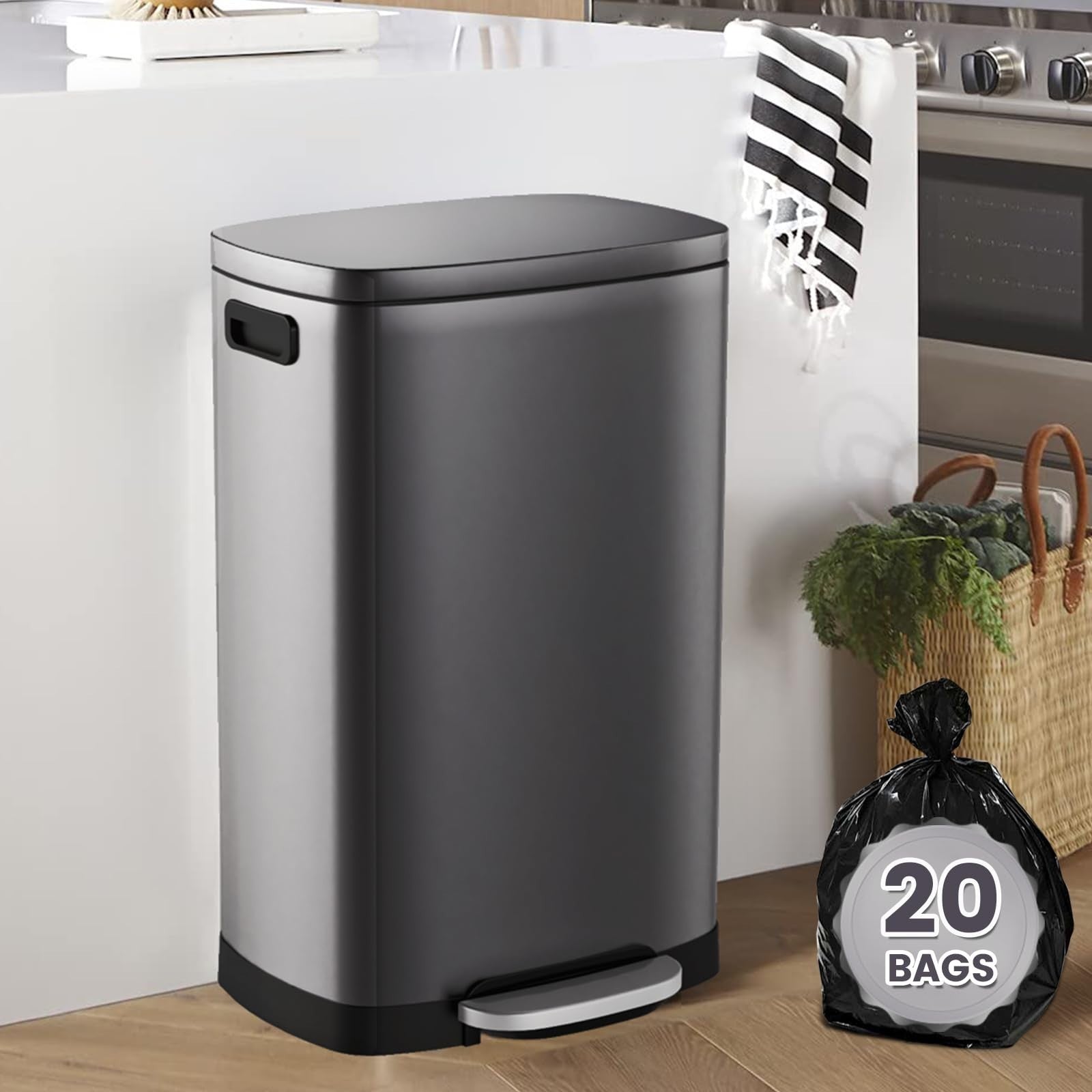 Stainless Steel 13 Gal Kitchen Trash Can with Soft Close Lid & Pedal | Fingerpri2