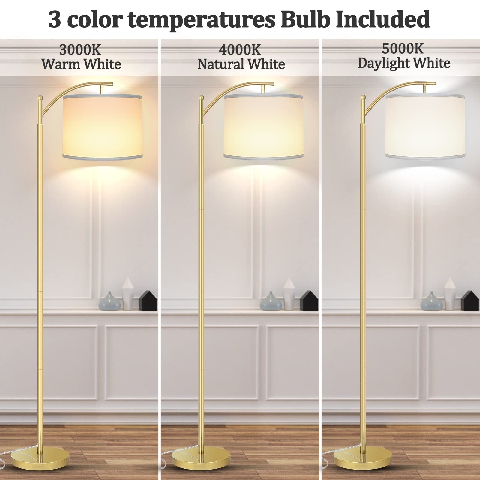 Tall Industrial Floor Lamp with 3 Color Temperatures, LED Bulb & White Shade1