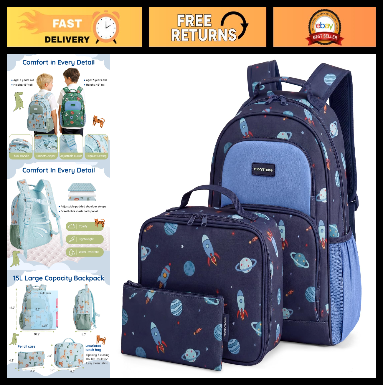 Kids Backpack Set for Kindergarten, 3-Piece School Bag with Lunch Box & Pencil C0