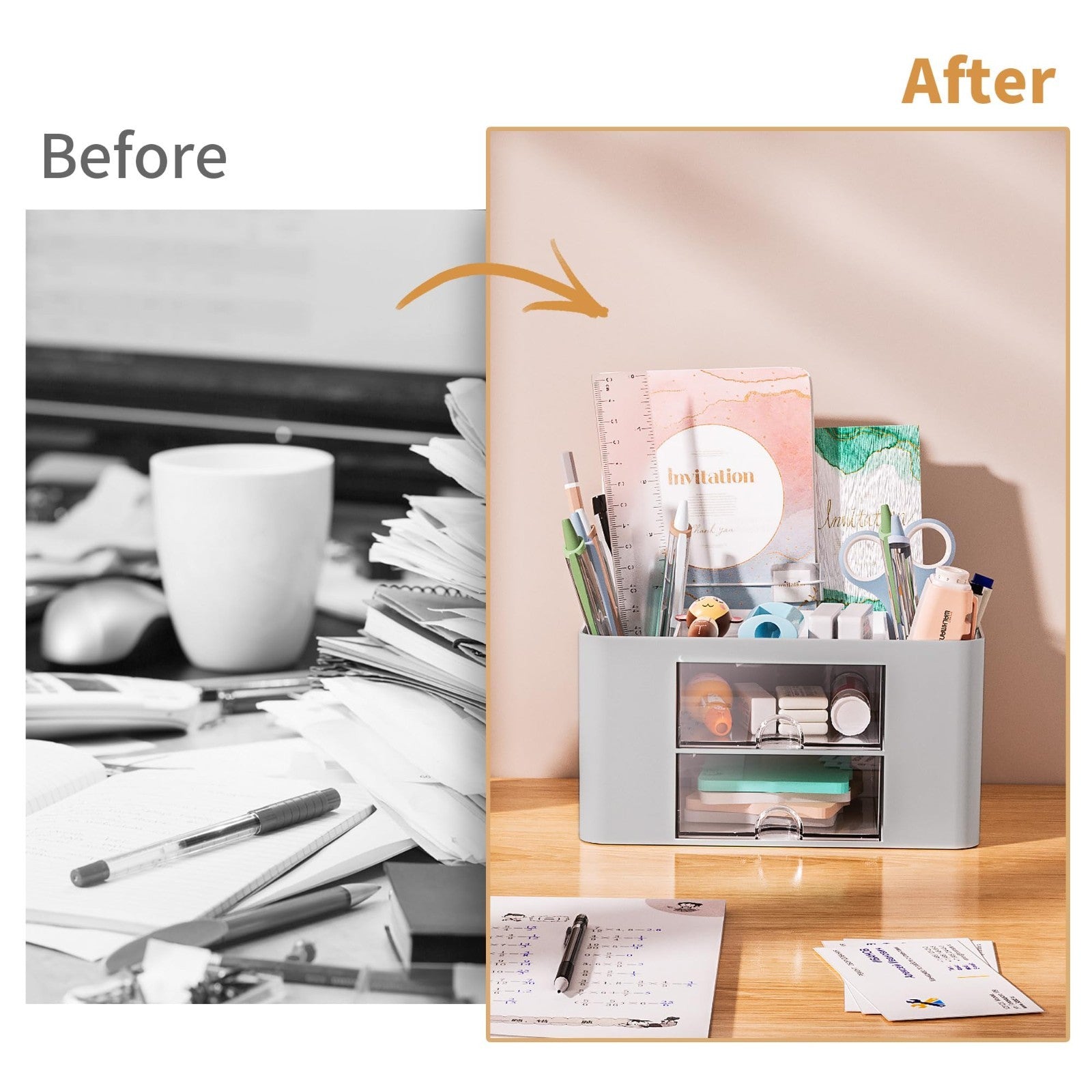 Multi Functional Desk Organizer with 2 Drawers, 5 Compartments, Pencil Holder, G6