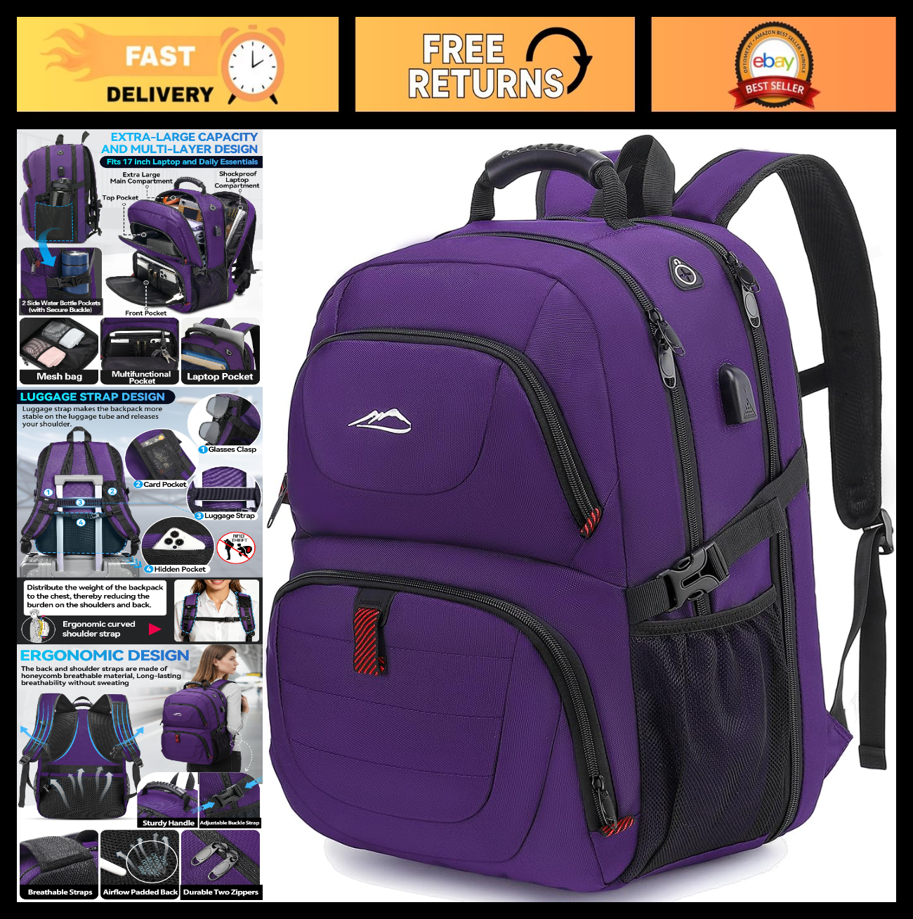 Extra Large Travel Laptop Backpack, Anti Theft TSA Approved, Fits 17" Laptop, US0