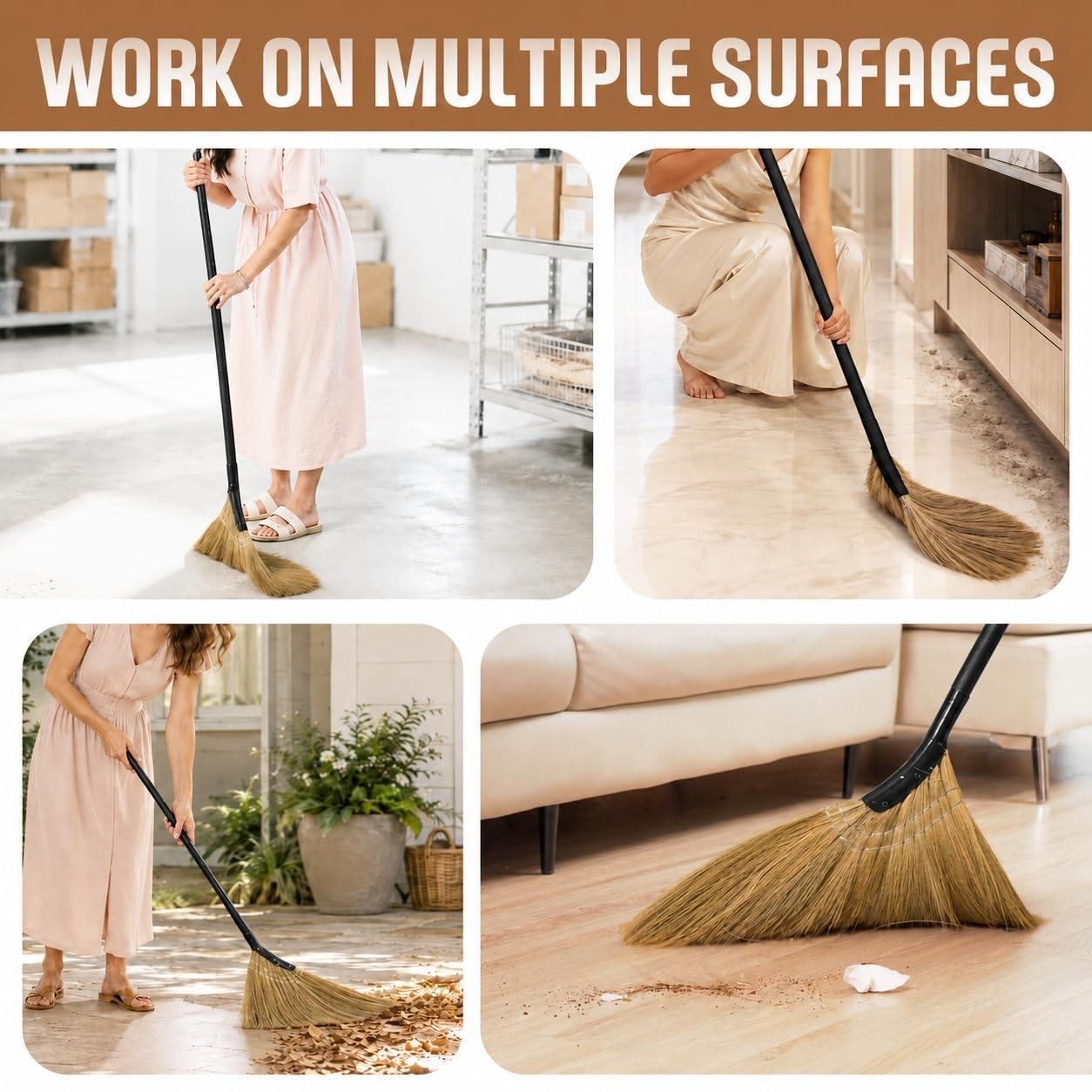 Soft Vietnamese Straw Broom - 56.69" Long Handle Indoor/Outdoor Sweeping Tool fo5
