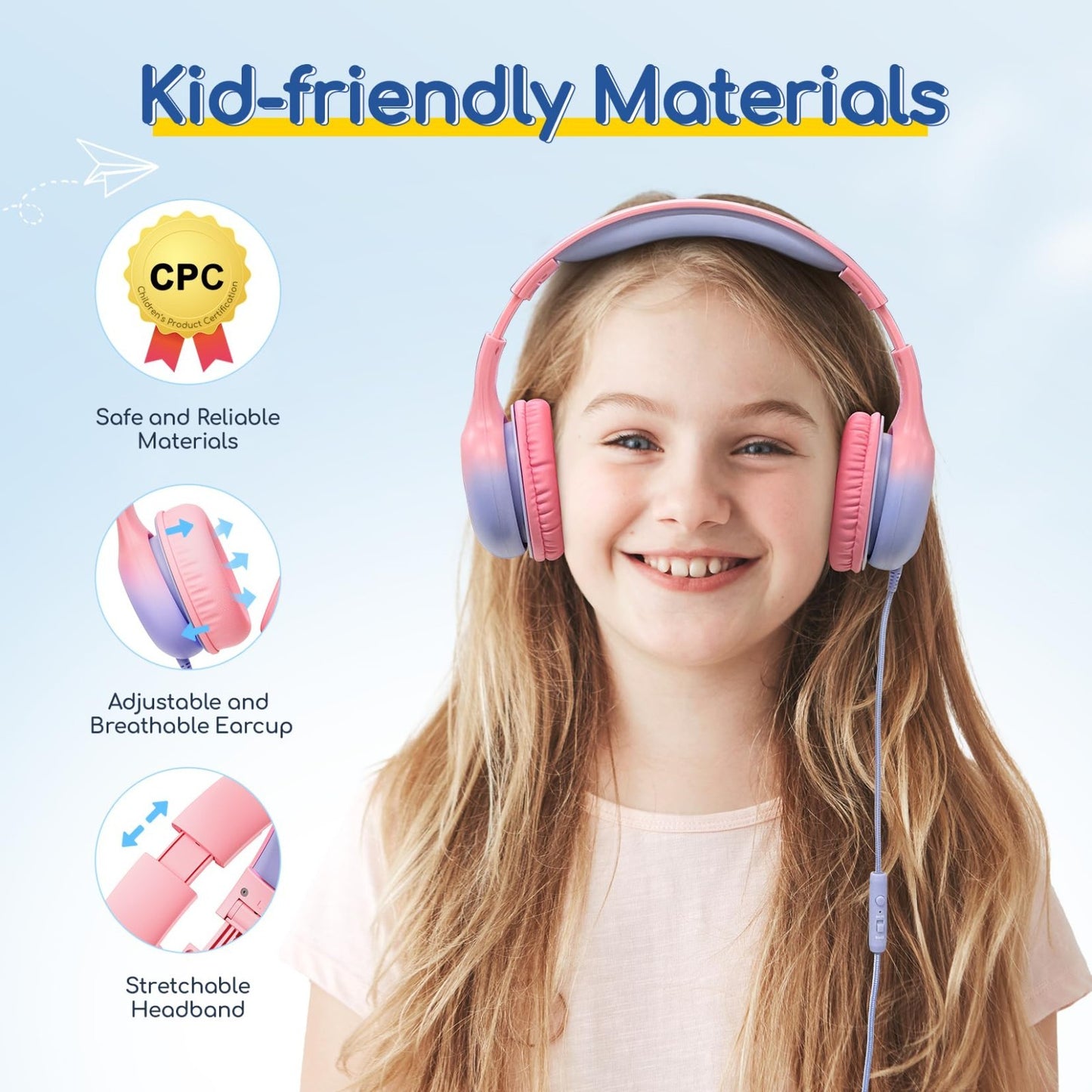 Wired Kids Headphones with Mic, USB Type C, Volume Limit 85/94dB, Foldable Stere3