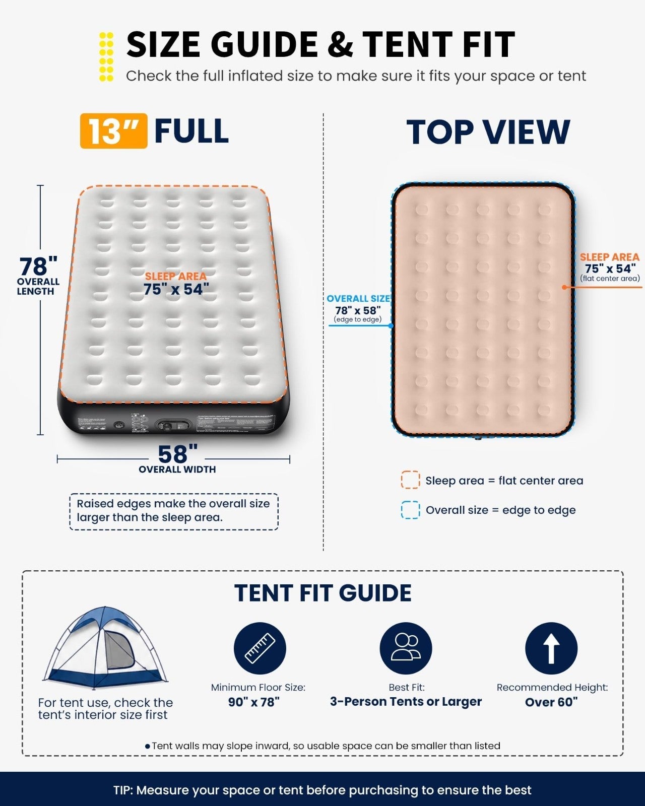 13" Raised Air Mattress with Built in Pump, Inflatable Bed for Home & Camping, 66