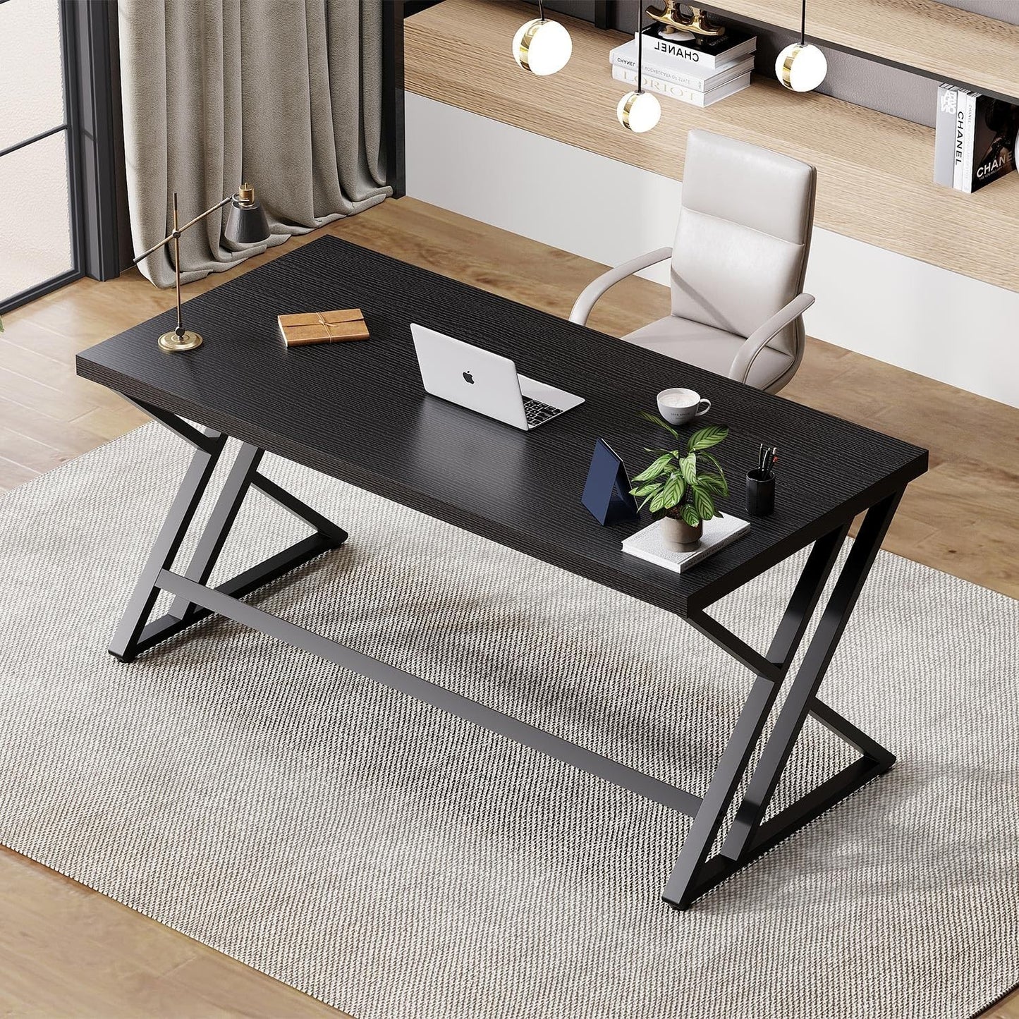 47 Inch Black Oak Metal Wood Computer Desk - Modern Home Office Furniture3