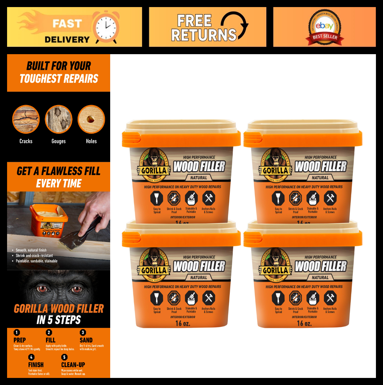 All Purpose Wood Filler   Natural Finish, 16oz Tub (Pack of 4)   Water Resistant0
