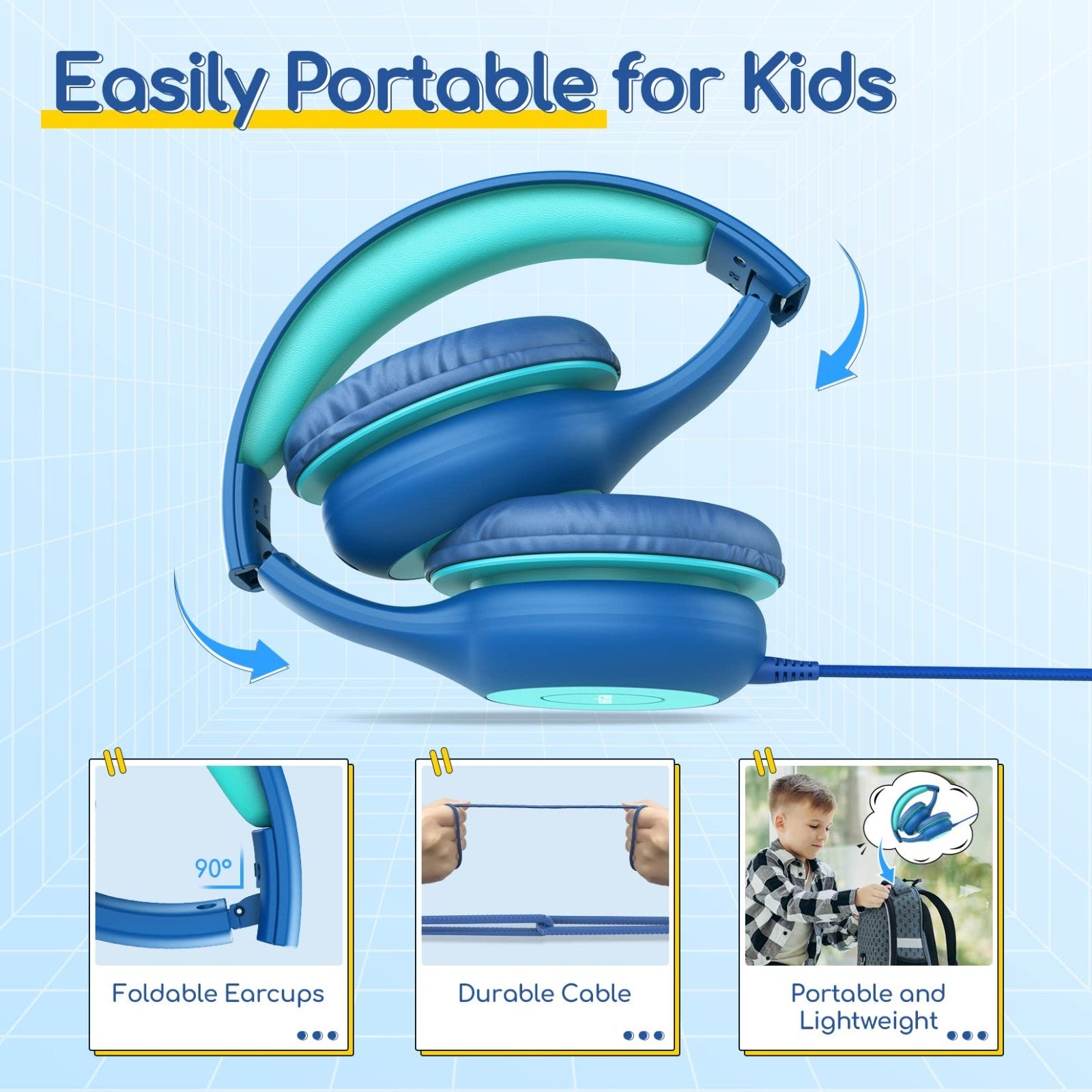 Wired Kids Headphones with Mic, USB Type C, 85dB Volume Limit, Foldable Stereo S7