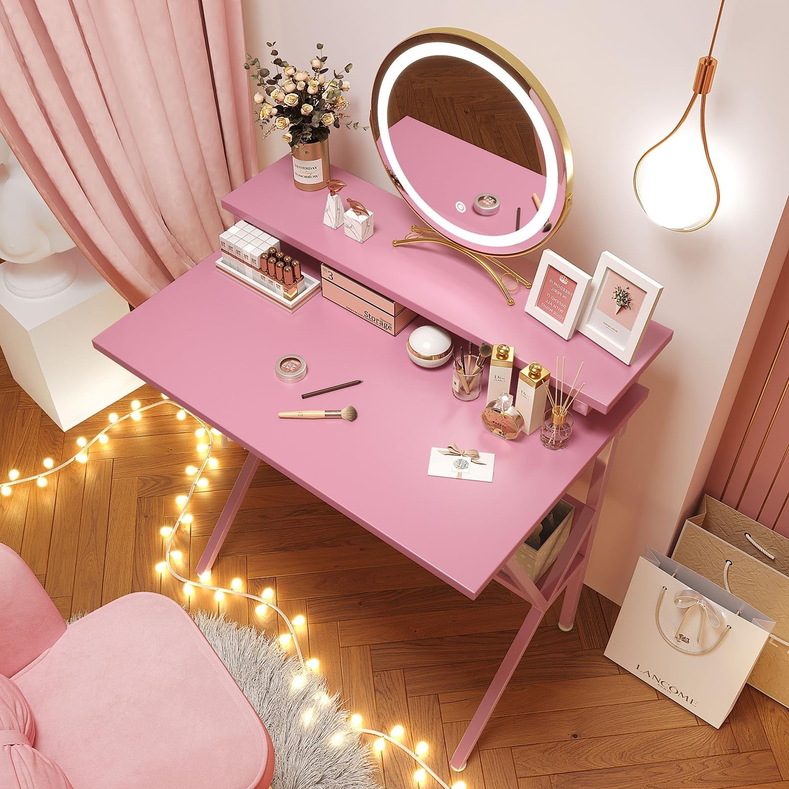 Compact 27.5" Computer Desk with Adjustable Monitor Stand & Storage - Pink Study6