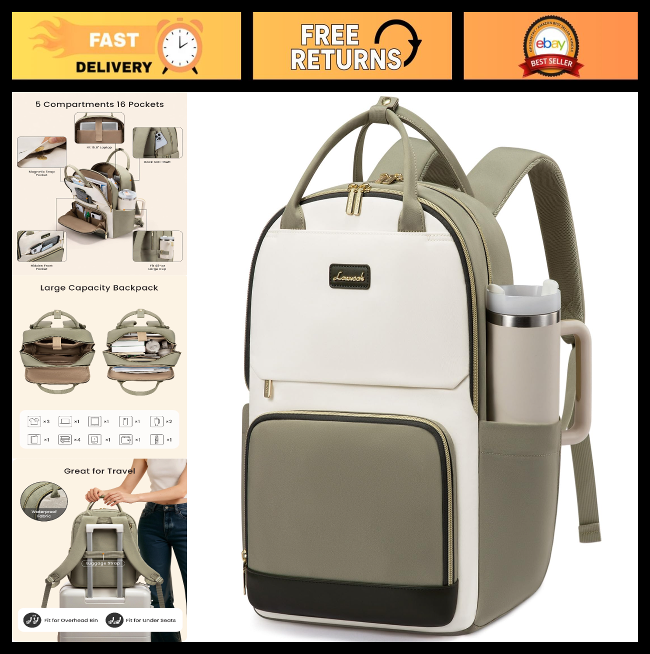 Stylish Waterproof Laptop Backpack for Women, 15.6" Travel Bag with Tumbler Hold0