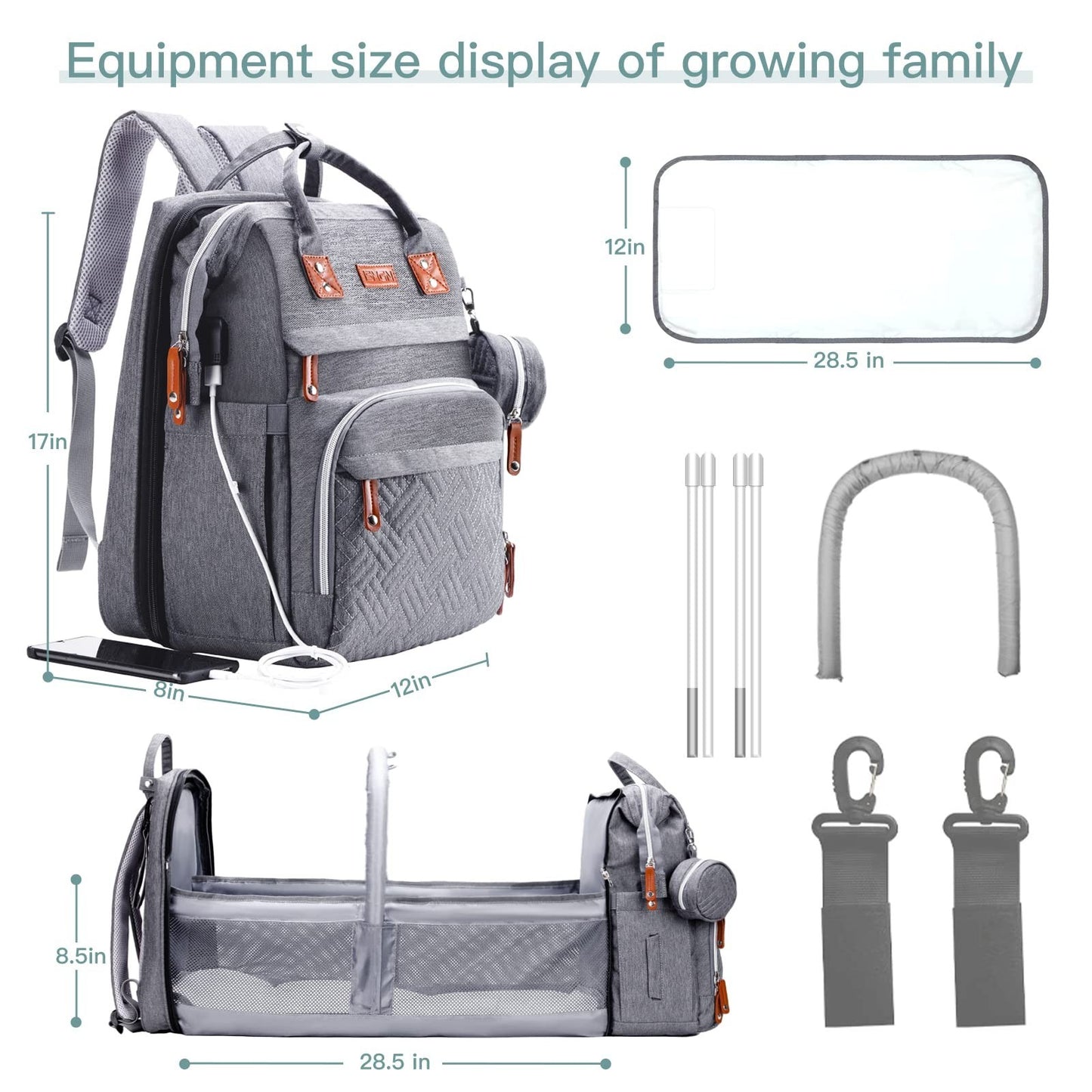 Diaper Bag Backpack with Changing Station   Stylish Baby Bag for Moms, Grey2