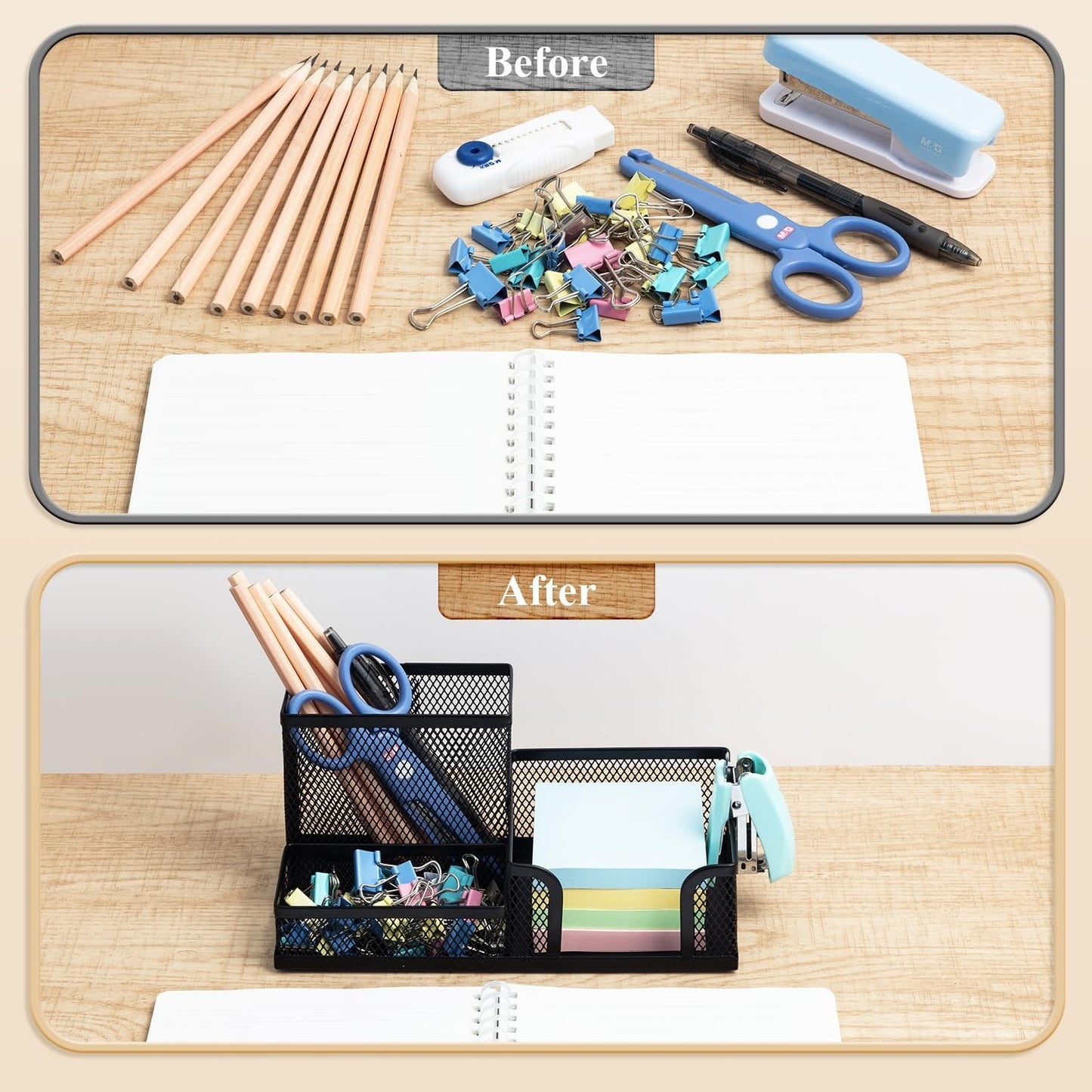 Mesh Pen Holder Desk Organizer   3 Compartment Metal Pencil Holder for Office &4