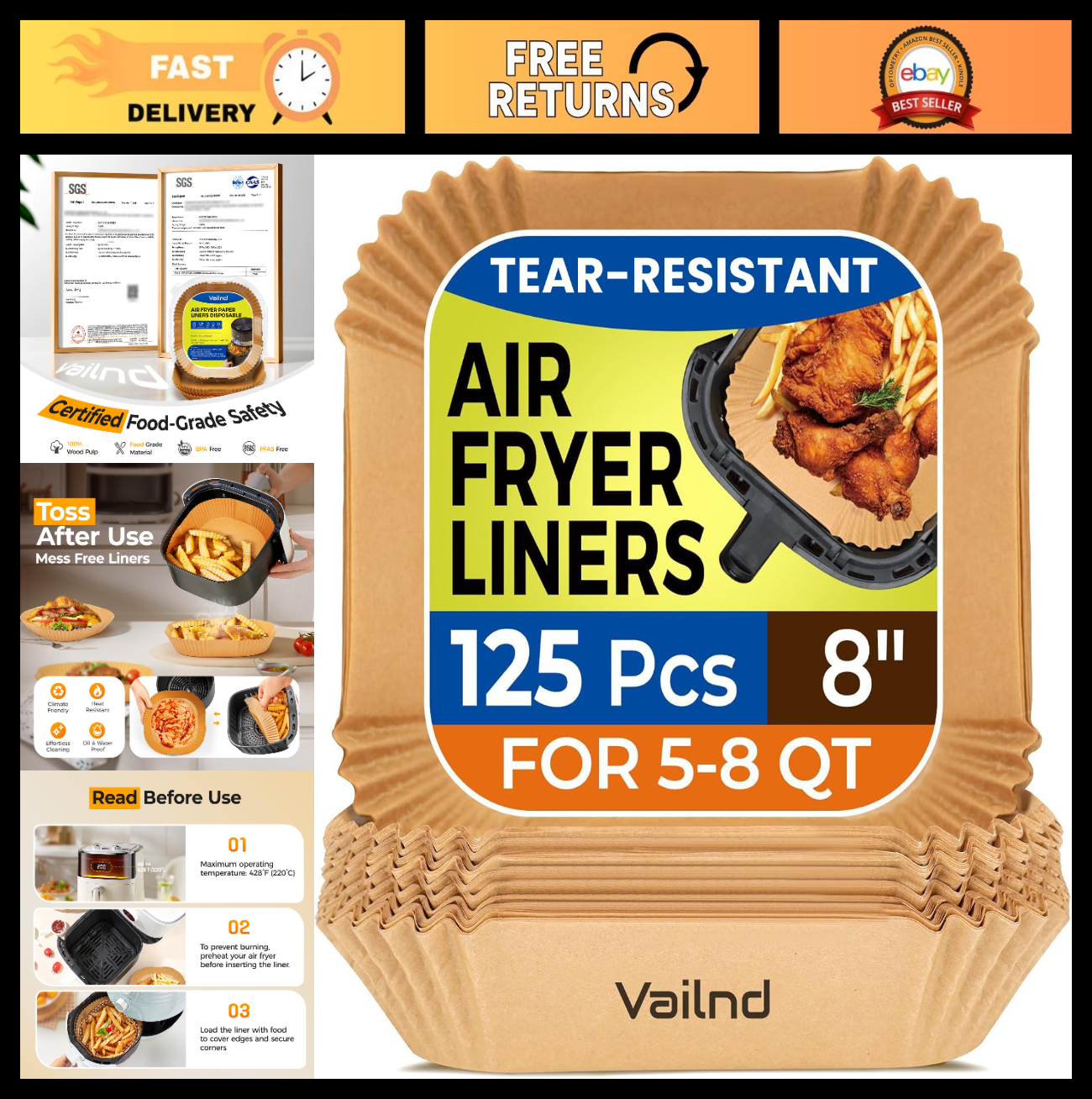125Pcs 8" Square Air Fryer Liners   Non Stick, Waterproof Parchment Sheets for B0