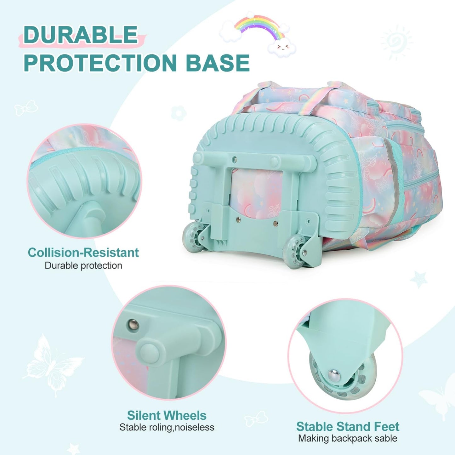 Rainbow Butterfly Rolling Backpack Set for Girls   3PCS with Lunch Box (Green)5