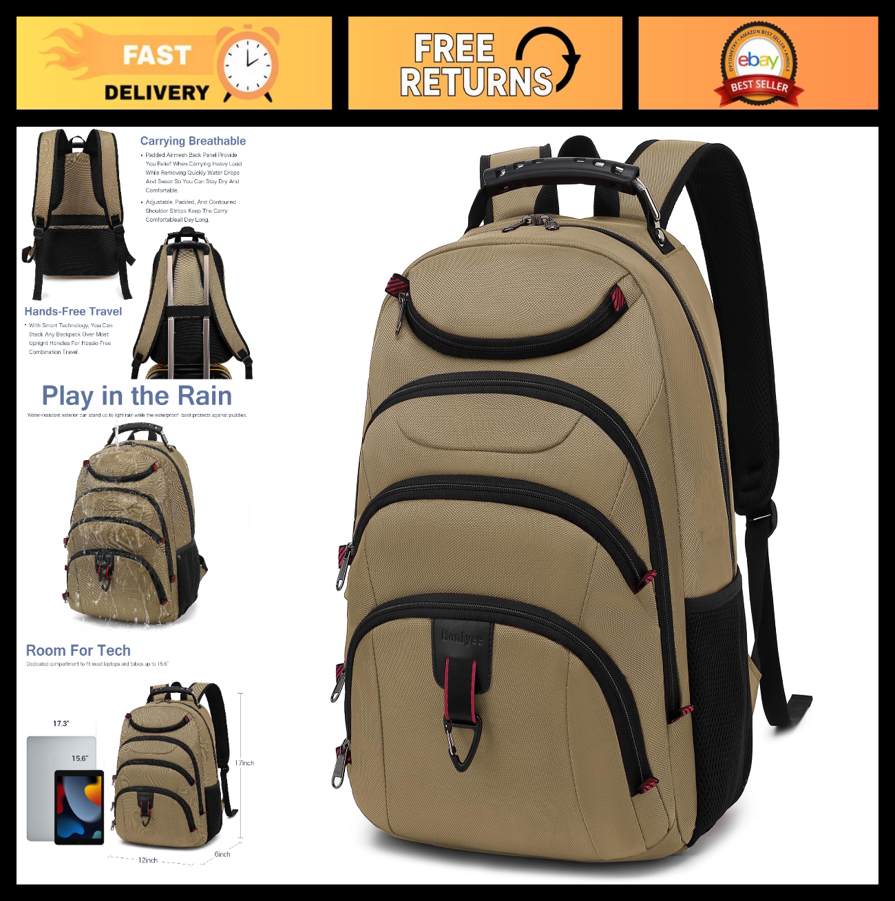 15.6" Waterproof Laptop Backpack with USB Port, Anti Theft Travel Bag for Men0