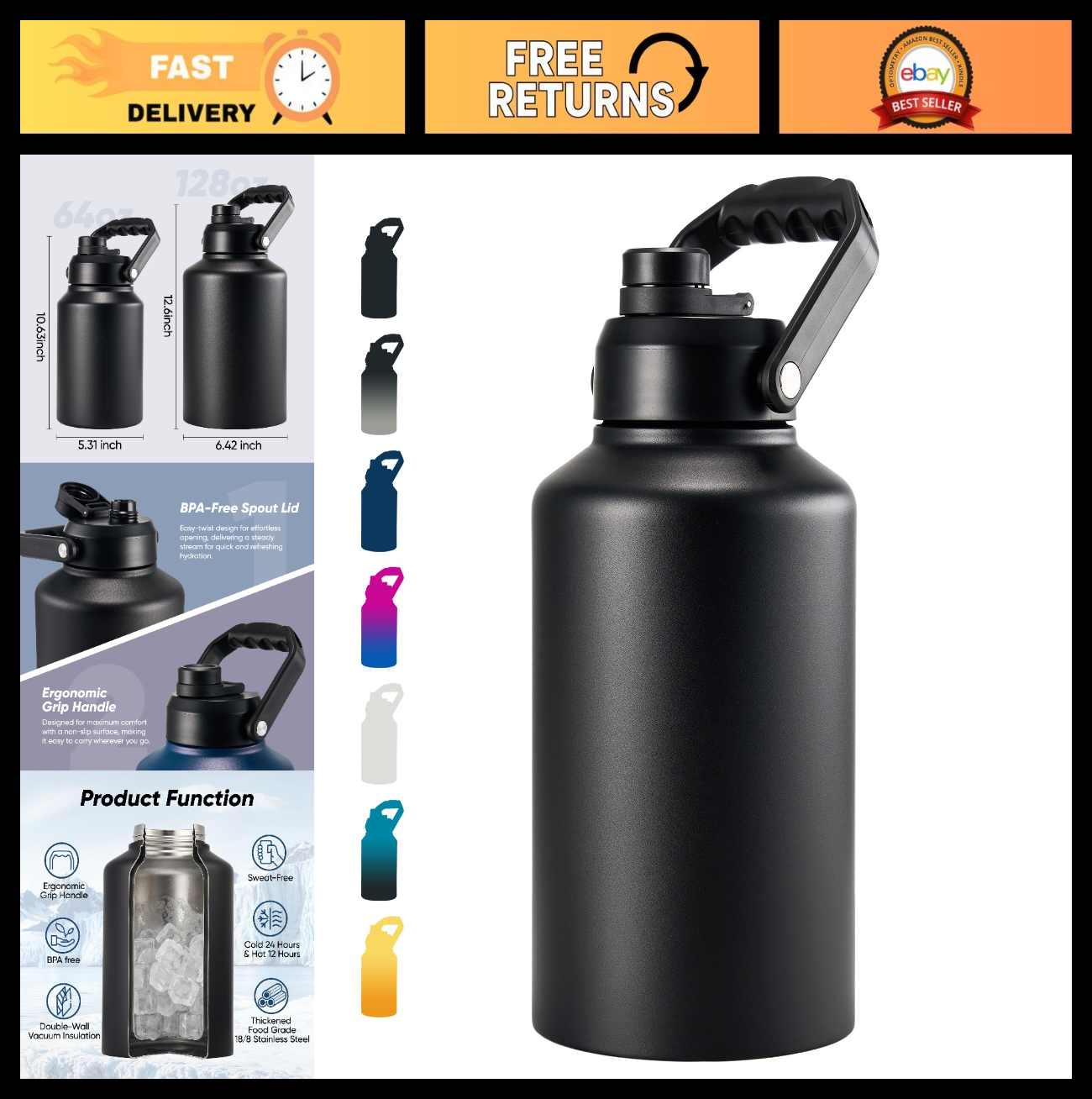 128oz Insulated Water Jug - Stainless Steel, Leak Proof, Double-Wall Vacuum, Cam0