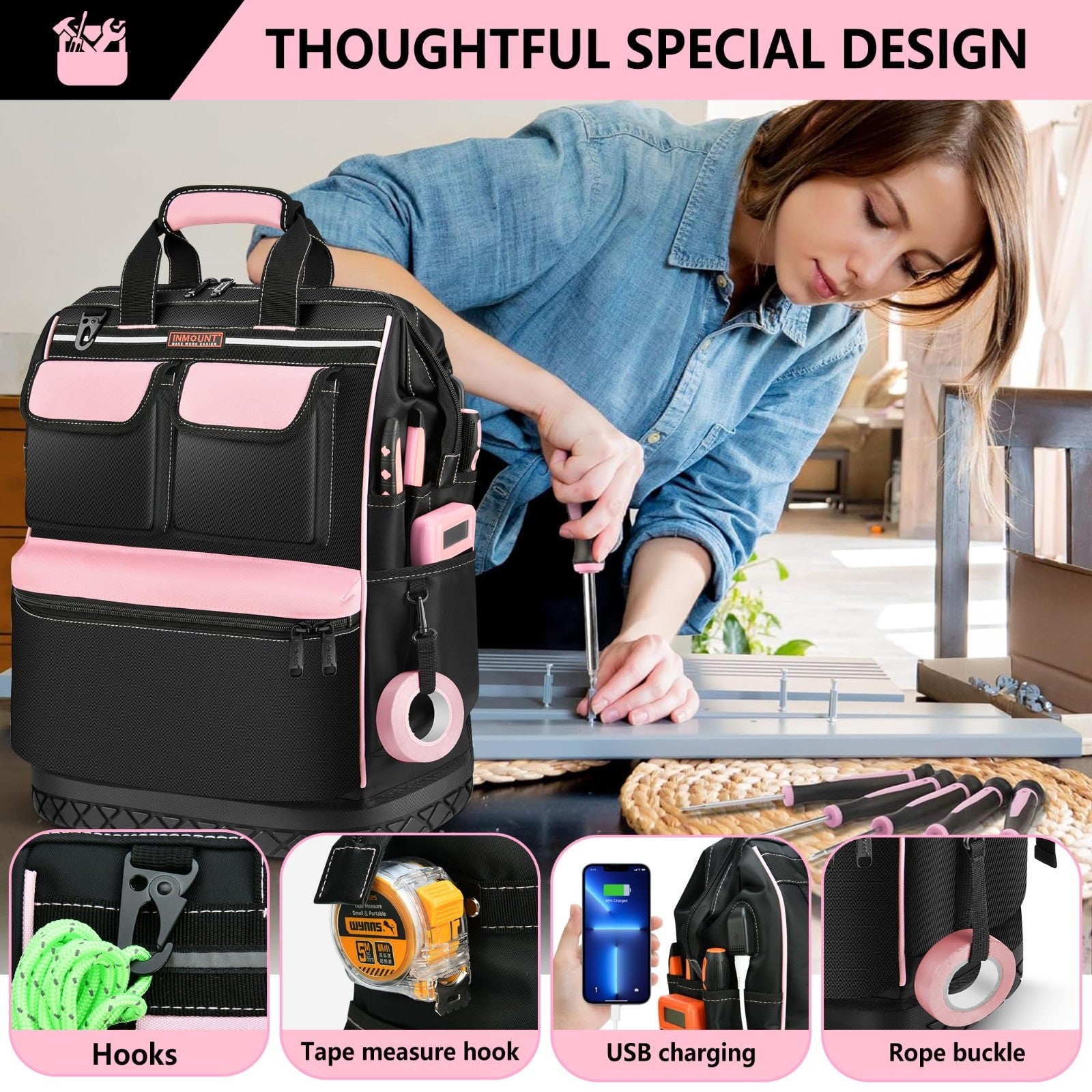 Pink Tool Bag for Women   Waterproof Wide Open Tool Backpack with Double Zipper,4