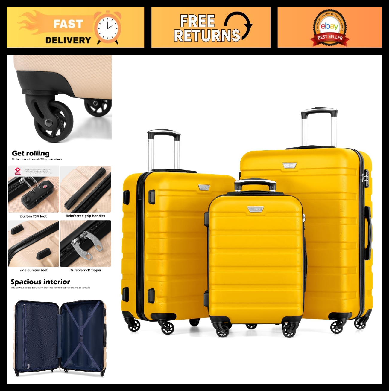 Lightweight Hardshell Luggage Set, 3-Piece Yellow Suitcase with 360° Spinner Whe0