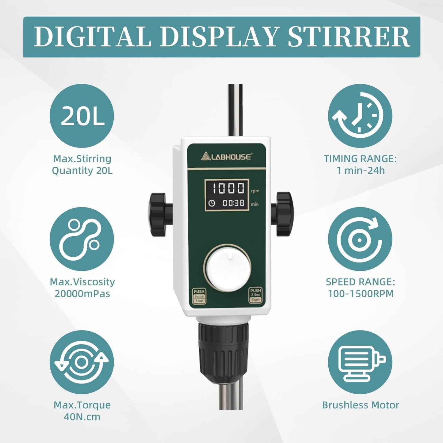 High Viscosity Overhead Stirrer 20L, 100-1500RPM, Digital Timer, Lab Mixer, Padd2