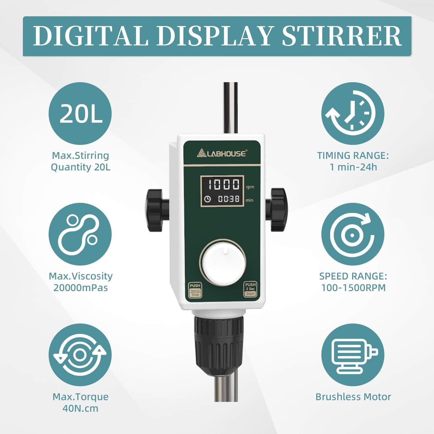 High Viscosity Overhead Stirrer 20L, 100-1500RPM, Digital Timer, Lab Mixer, Padd2
