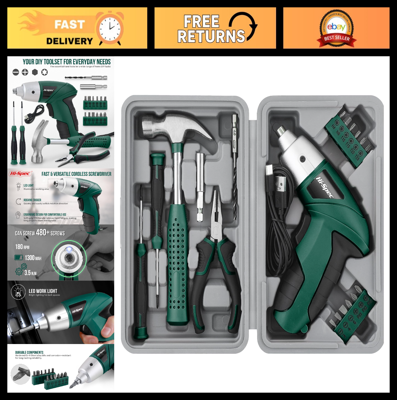 3.6V USB Electric Screwdriver for Home Repairs & Assembly, 19pc Set, LED Light,0