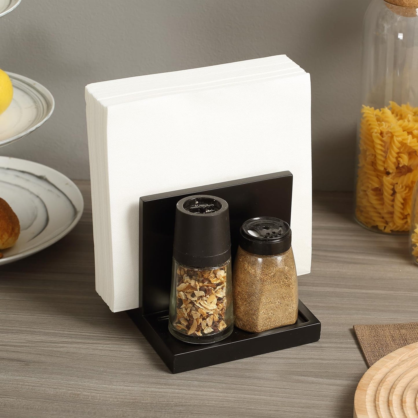 Wooden Napkin Holder with Salt & Pepper Shakers Caddy - Kitchen, Bar, Office Déc2