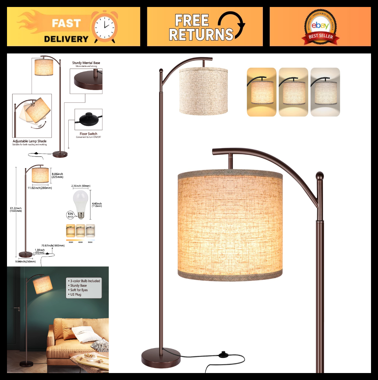 Industrial LED Floor Lamp   Tall Standing Light for Living Room, Bedroom, Office0