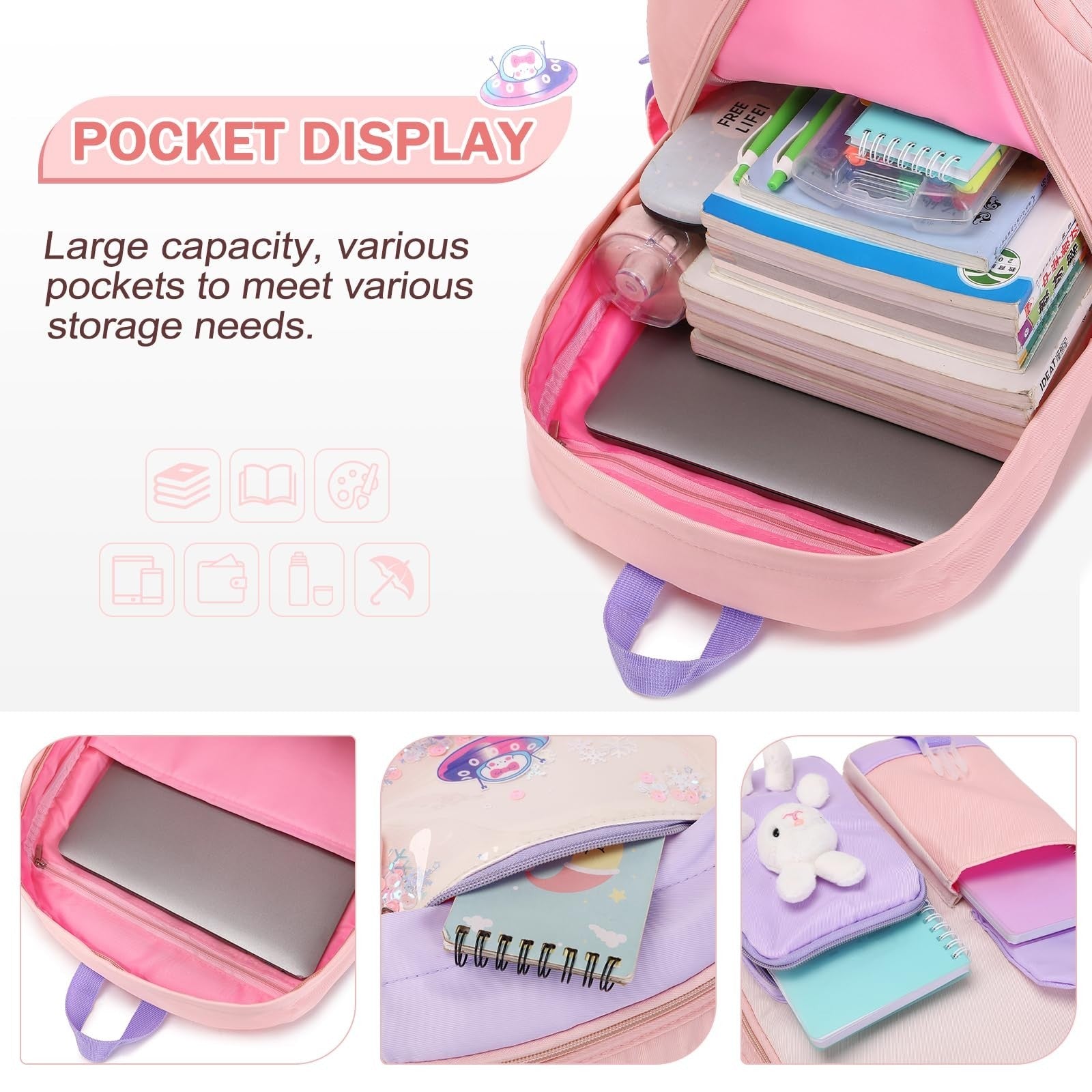 Kawaii Bunny Girls Backpack Set   4PCS School Bag, Tote, Lunch Box & Pencil Case3