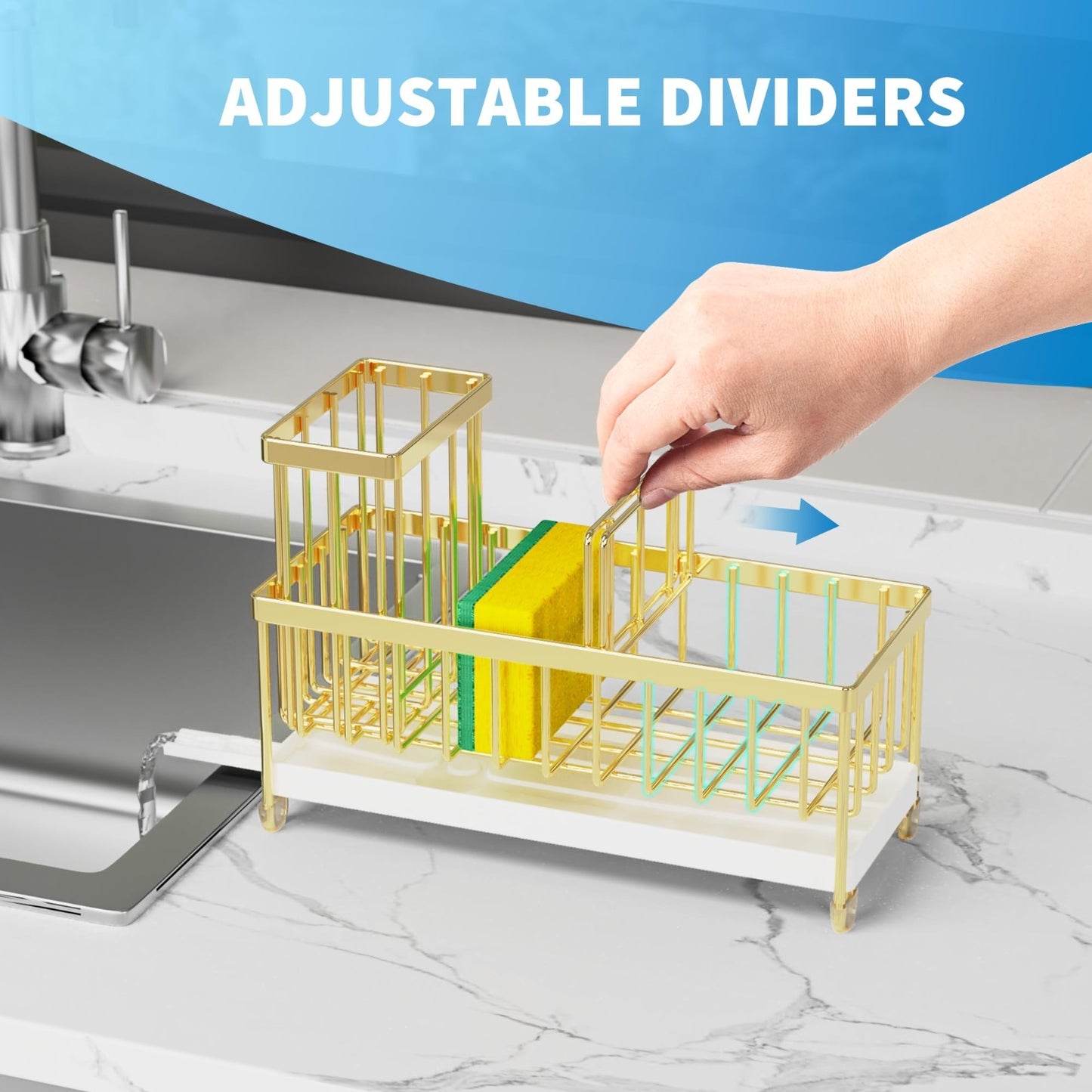 Kitchen Sink Sponge Holder Caddy Organizer, Rustproof 304 Stainless Steel, Gold,3