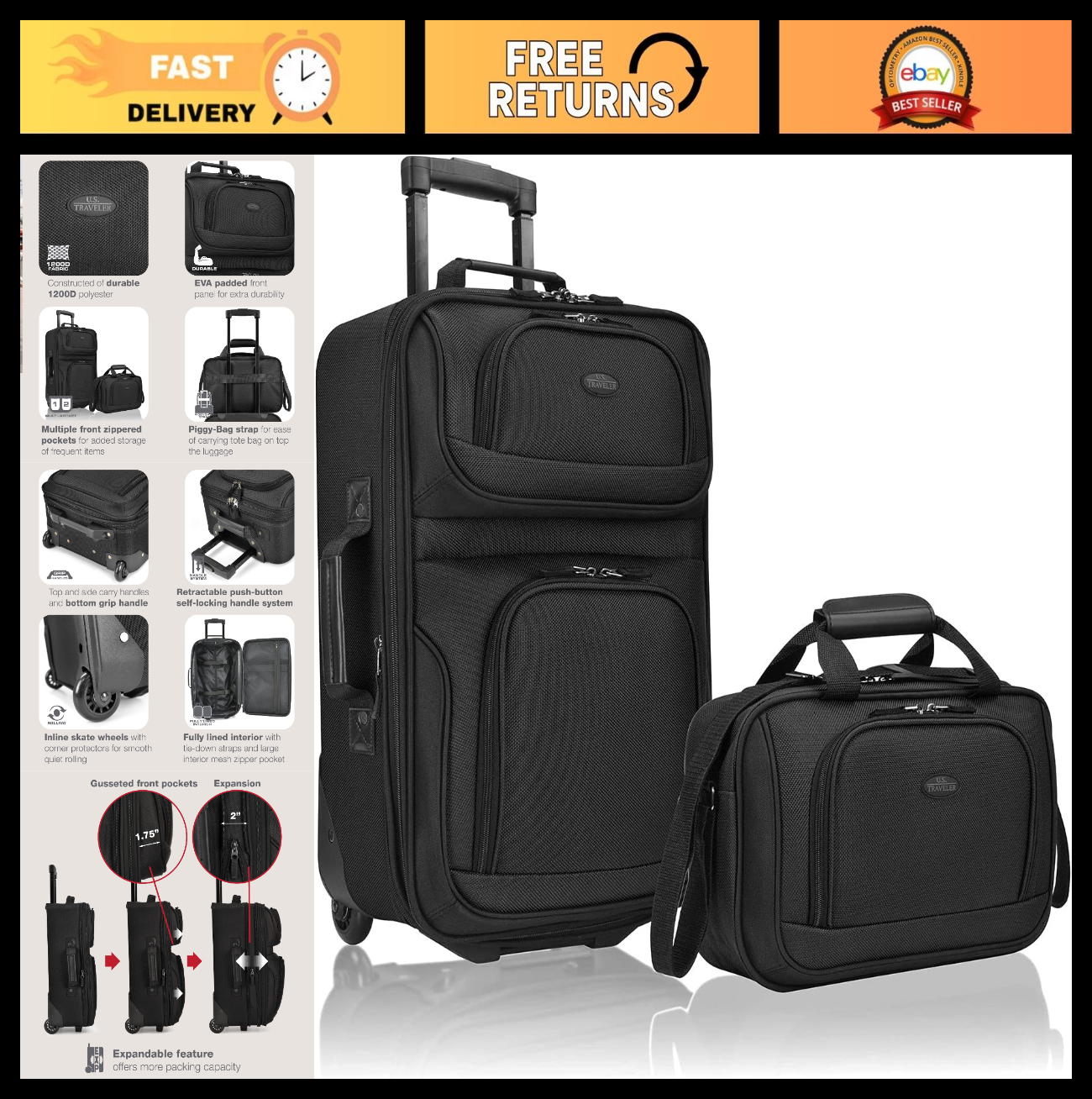 Lightweight Softside Rolling Carry-on Suitcase Set, 2-Wheel Travel Luggage, Blac0