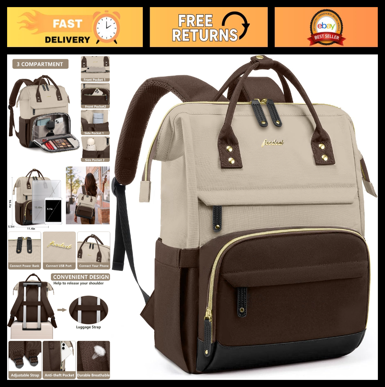 15.6" Laptop Backpack for Women   USB Charging, Large Travel Bag, College & Work0