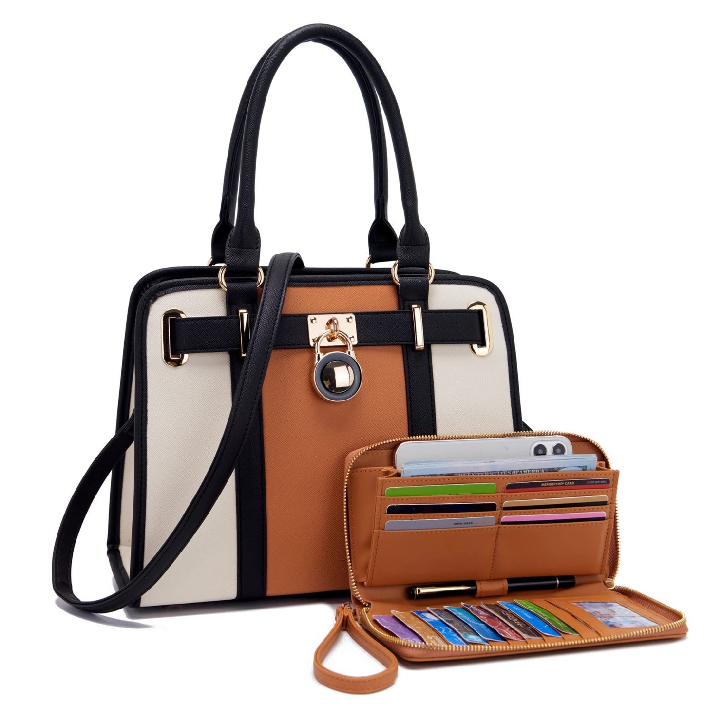 Stylish Structured Satchel Tote Handbag Set for Women with RFID Wallet - Fashion1
