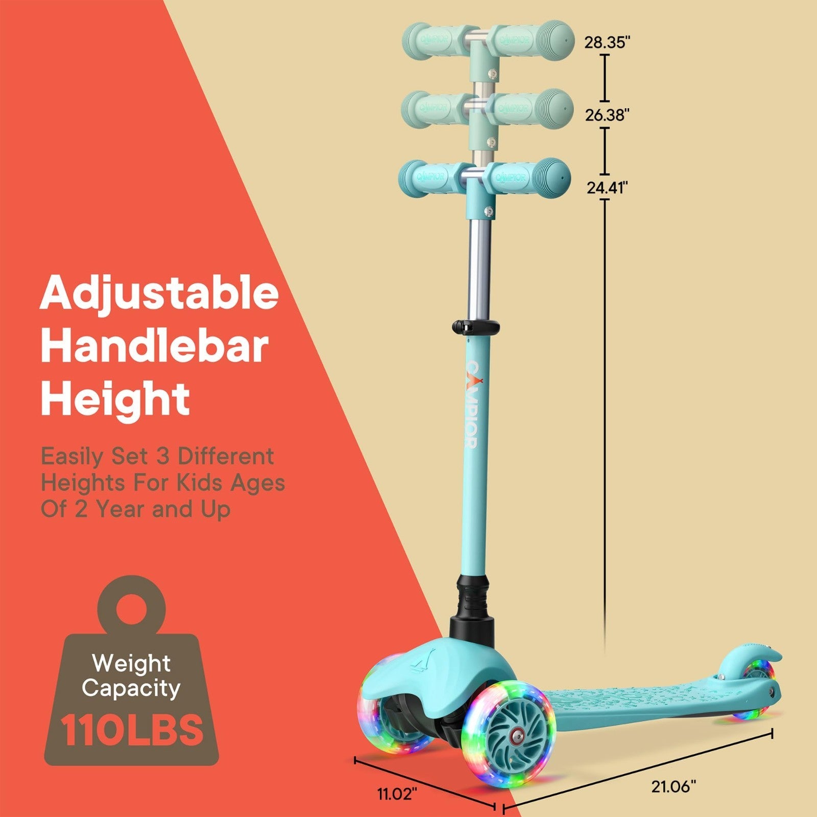 Teal Mini 3-Wheel Kids Scooter - Lean-to-Steer, LED Wheels, Adjustable Handlebar6