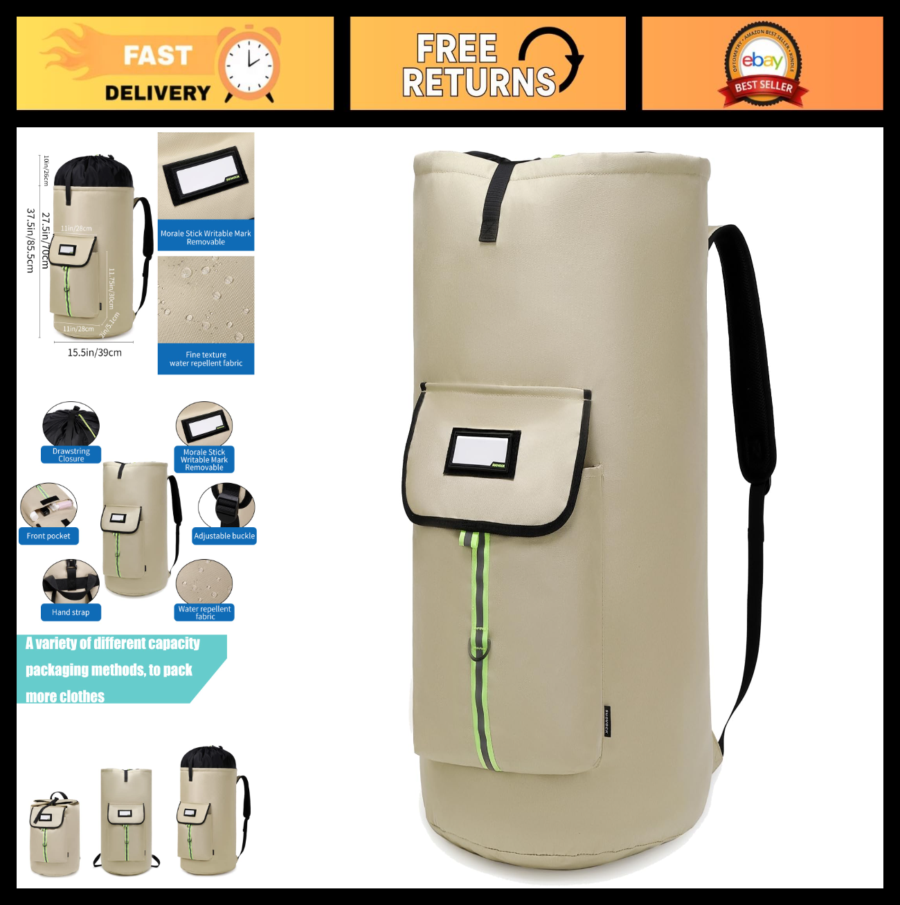 Extra-Large Heavy Duty Laundry Backpack with Drawstring Closure for College Stud0