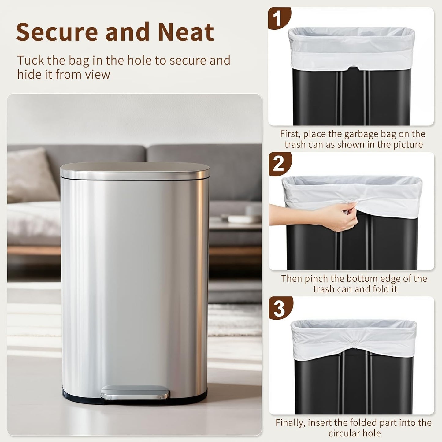 13G Stainless Steel Trash Can with Lid, Soft-Close Step Pedal, Removable Inner B5