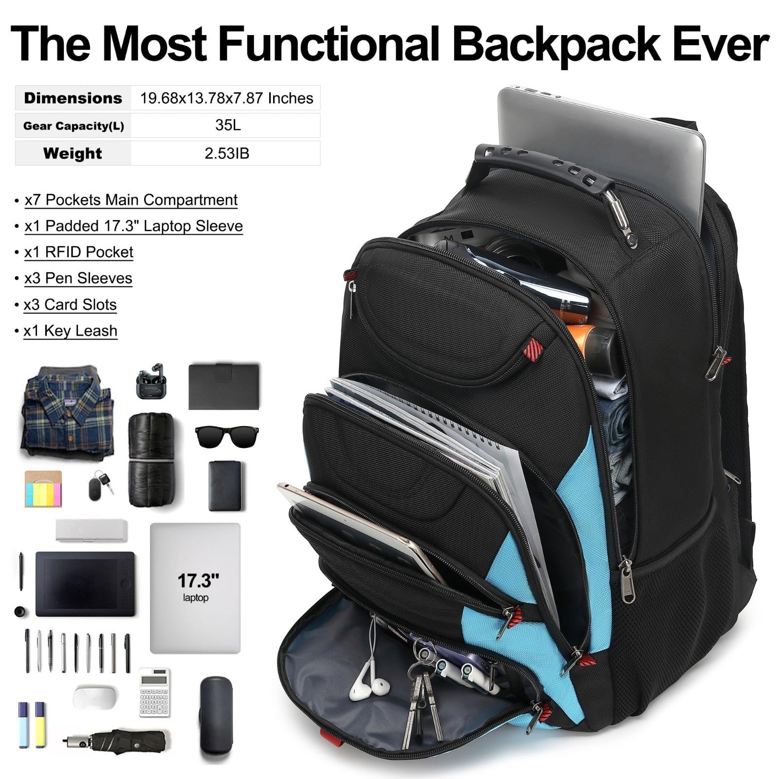 17.3" Waterproof Laptop Backpack with USB Port, Anti Theft Travel Bag, Casual Bo3