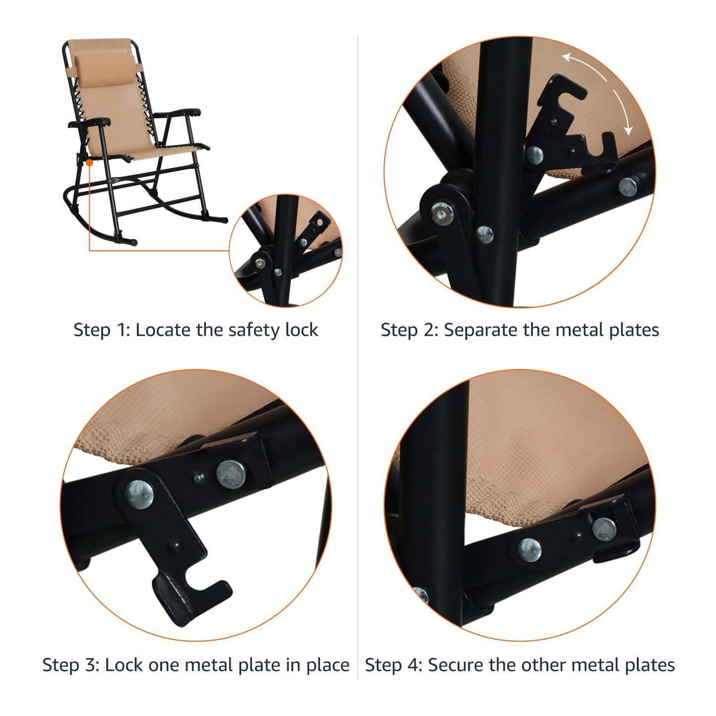 Outdoor Portable Folding Rocking Chair with Headrest, Ergonomic, Weather Resista6
