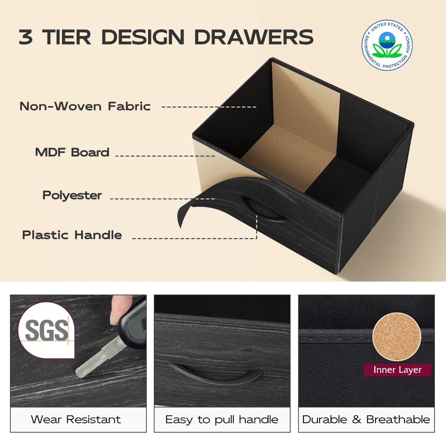 5-Drawer Tall Dresser Chest, Vertical Fabric Drawers, Black Wood Grain, Space-Sa6