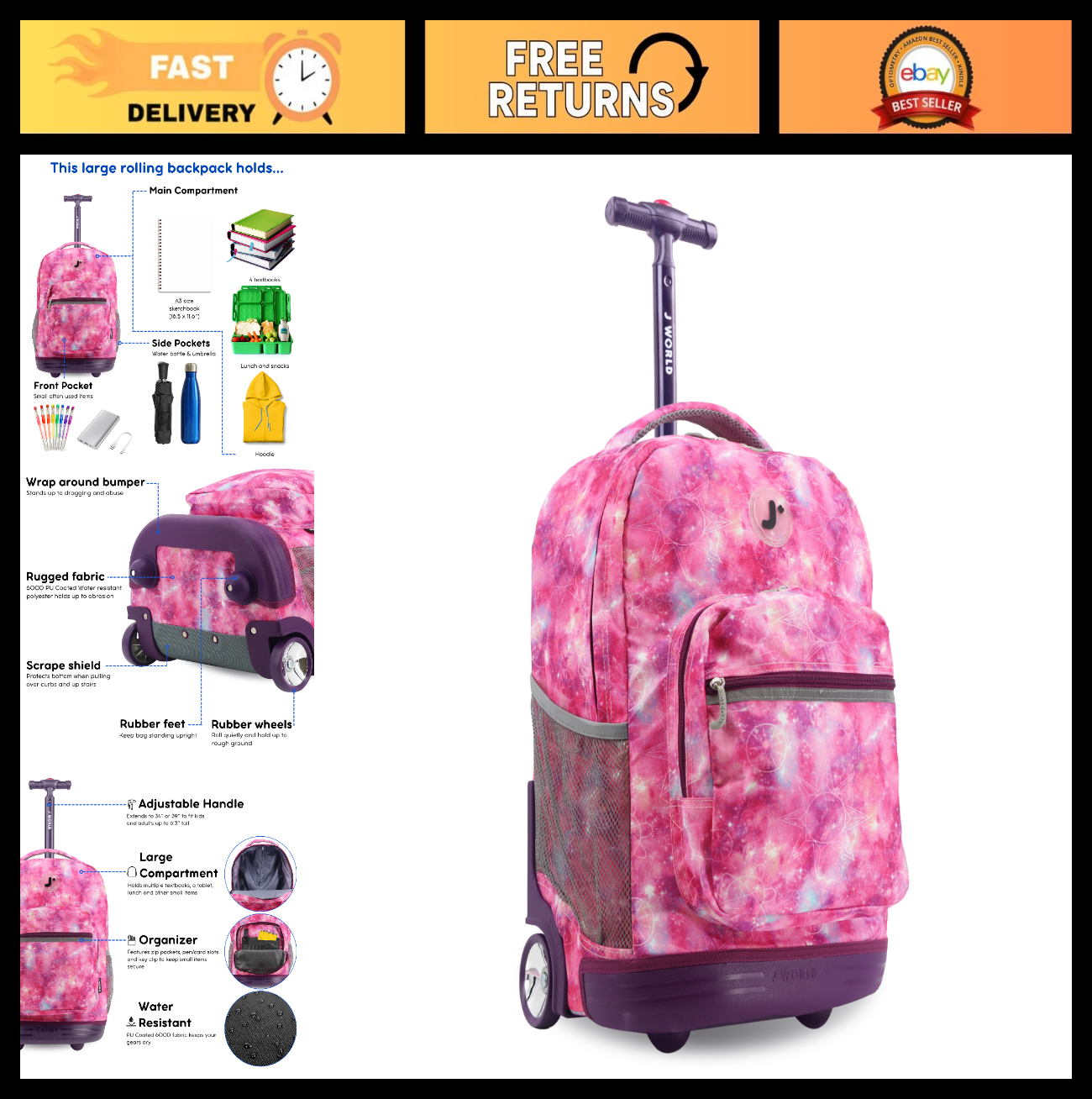 Kids Rolling Backpack with Wheels, 18" School Bookbag for Girls & Boys, Purple G0