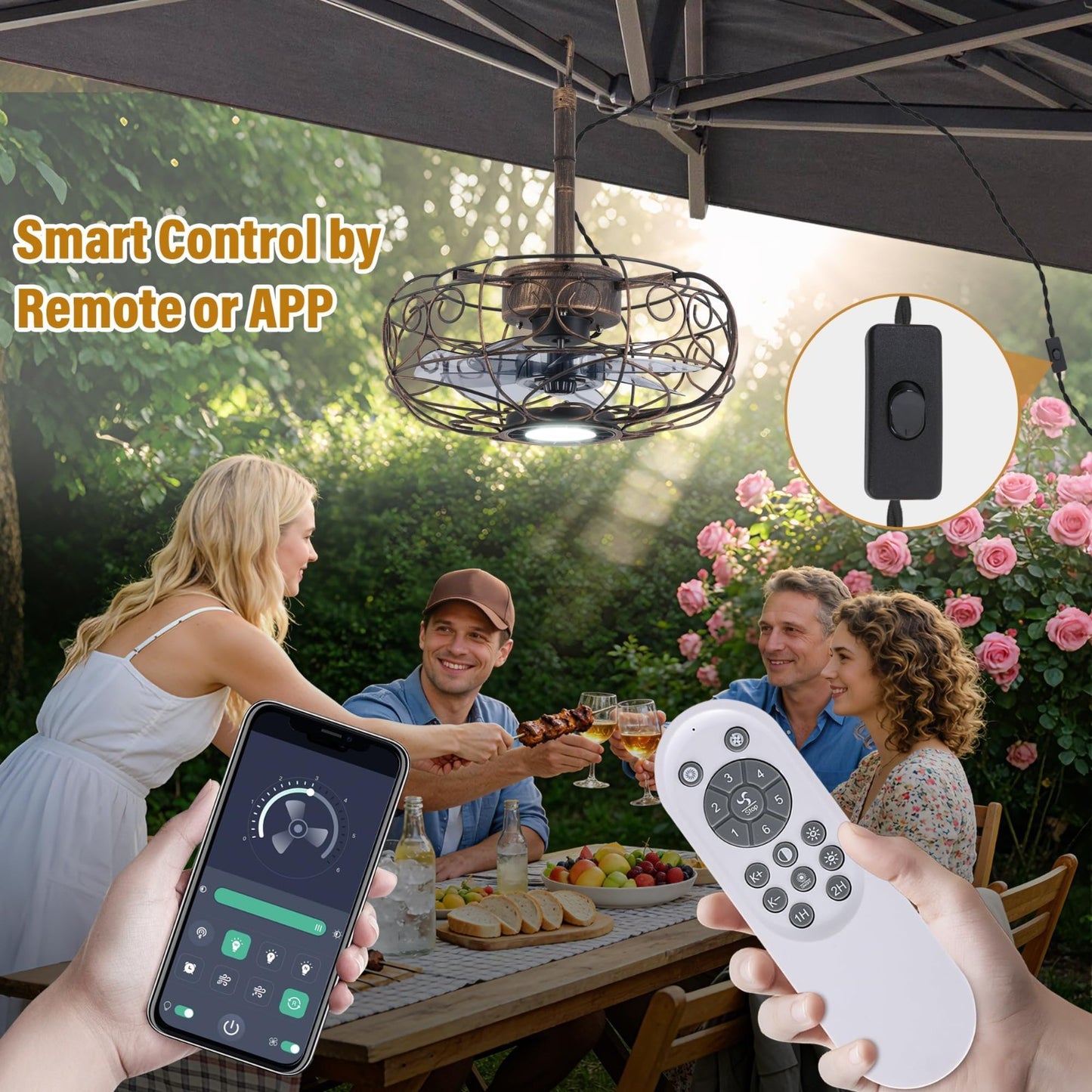 15" Outdoor Ceiling Fan with Light, Remote/APP Control, 6 Speeds, Caged Design f3
