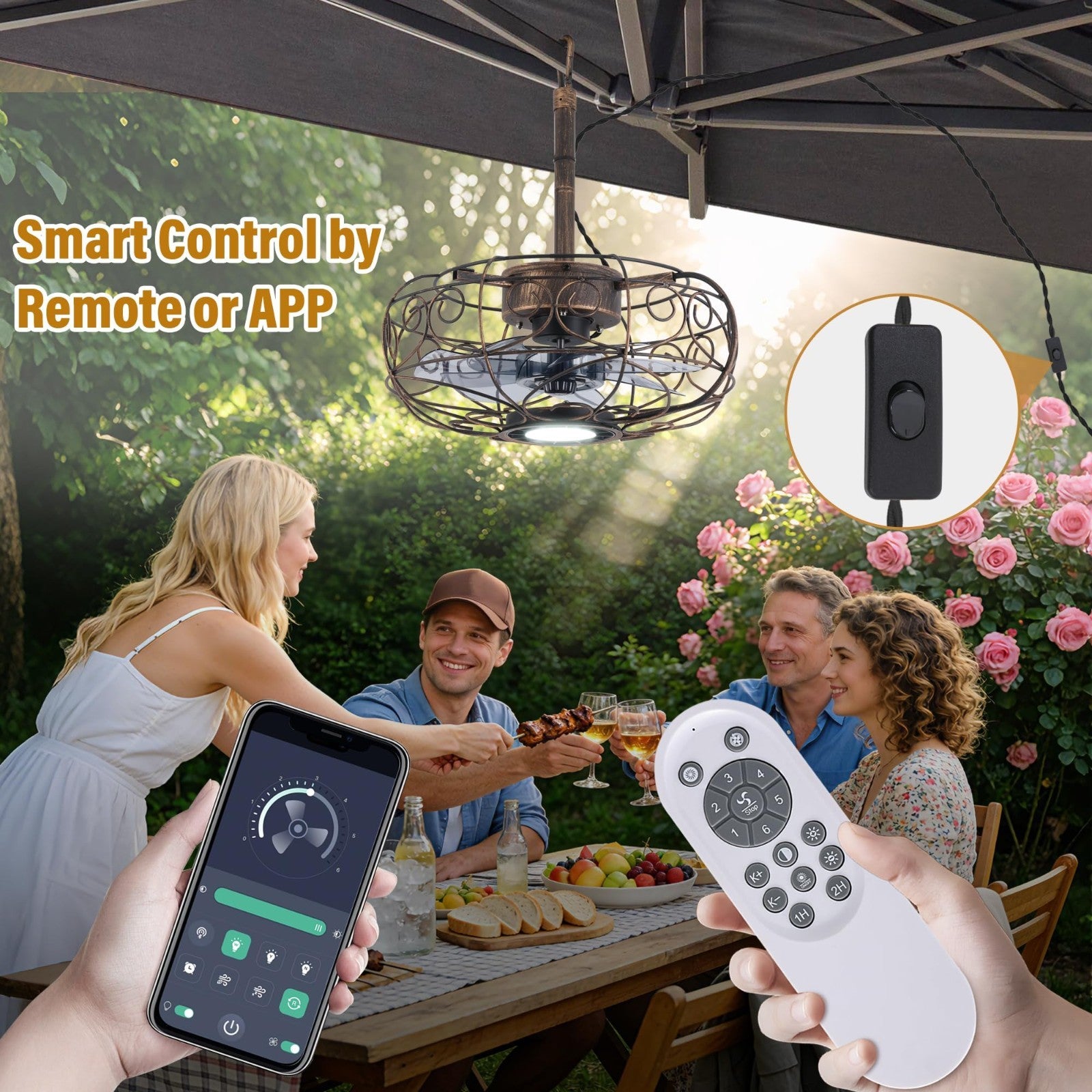 15" Outdoor Ceiling Fan with Light, Remote/APP Control, 6 Speeds, Caged Design f3