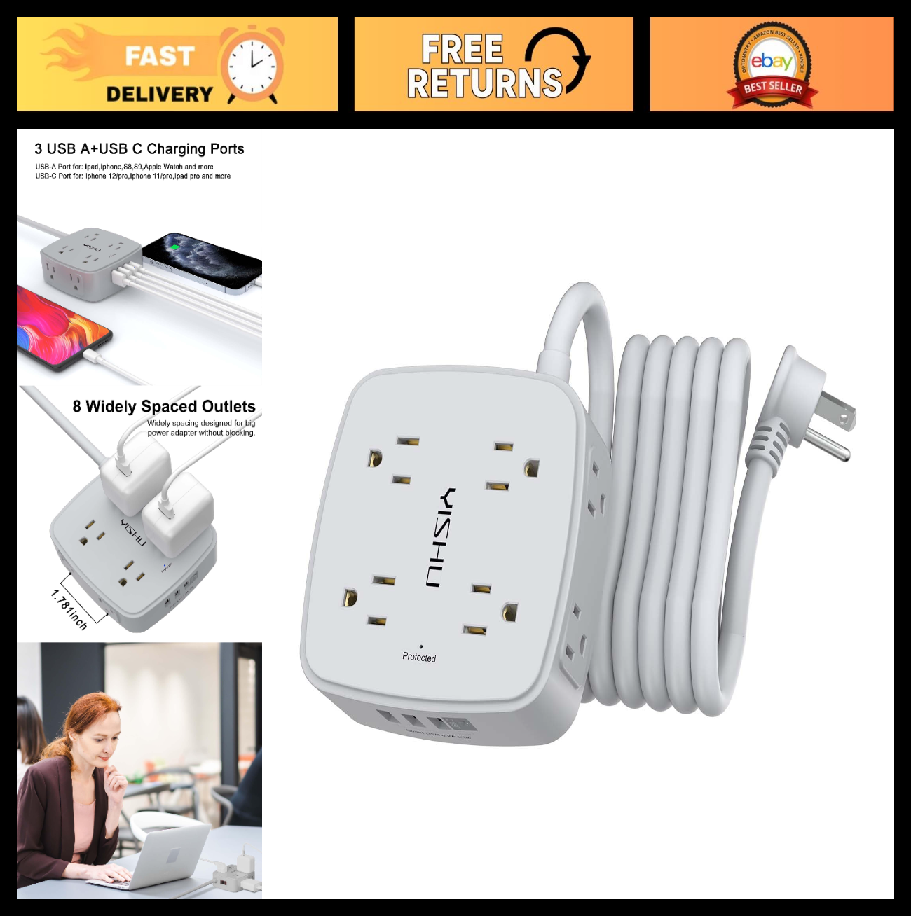10Ft Surge Protector Power Strip   8 Outlets, 4 USB Ports, Flat Plug, Wall Mount0