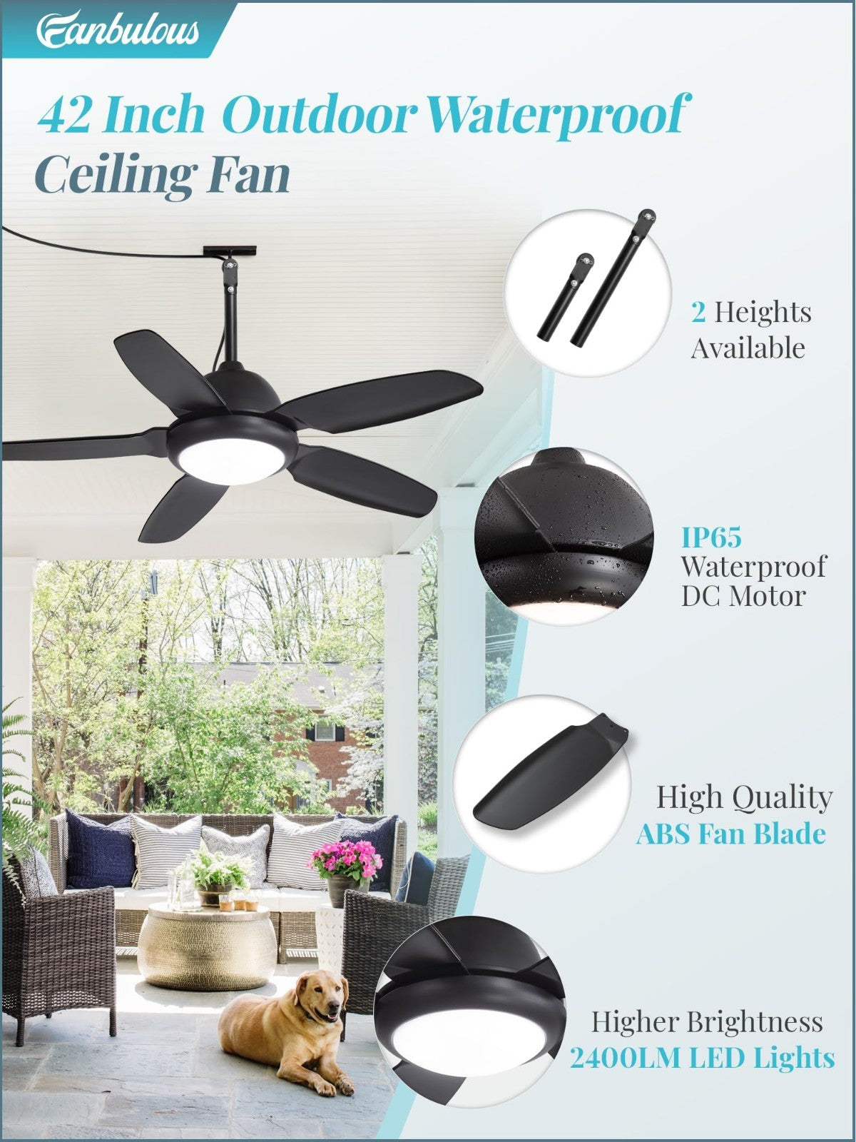 42" Waterproof Outdoor Ceiling Fan with Light, Remote Control, 6 Speed DC Motor,2